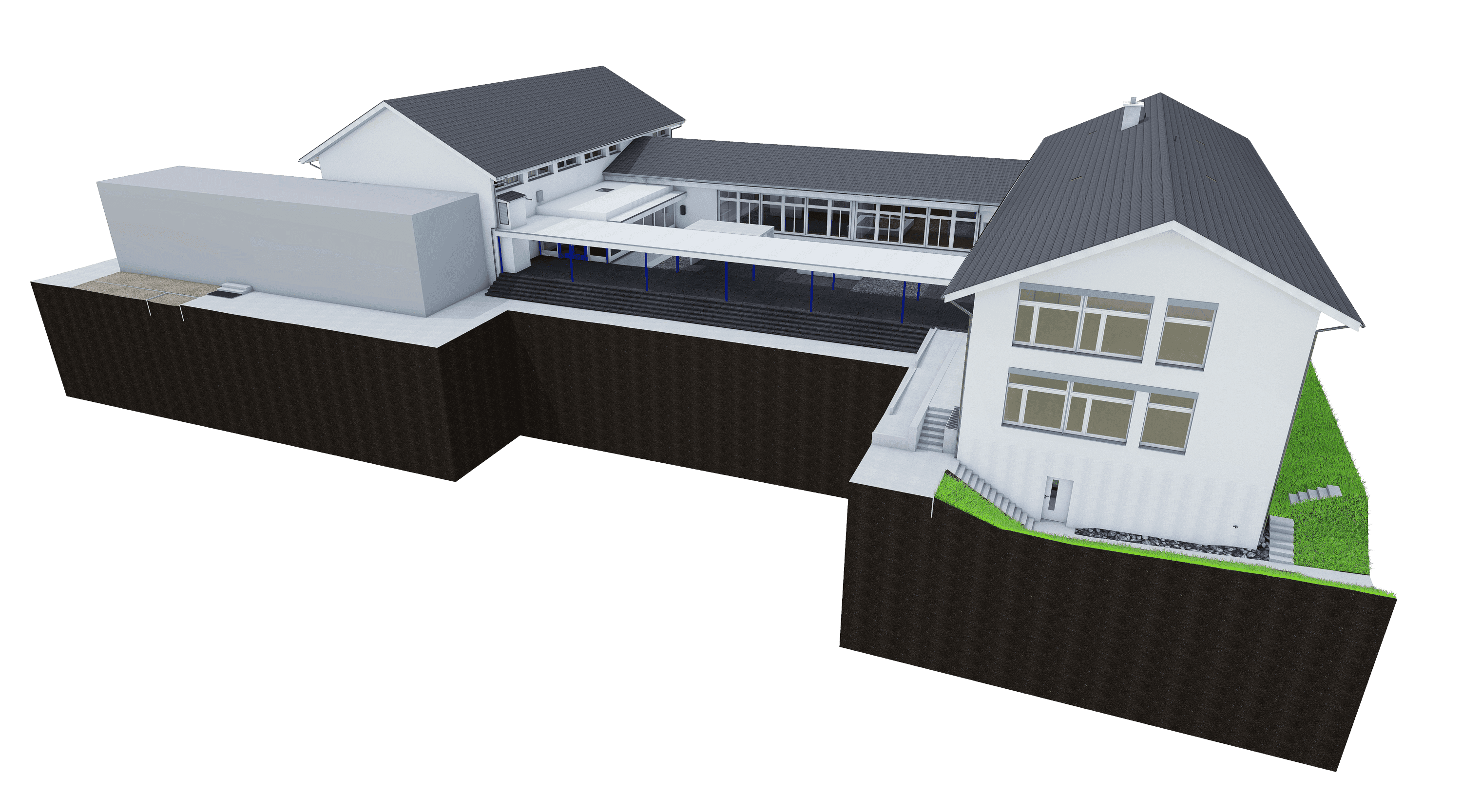 3D-Rendering eines modernen Schul- oder Verwaltungsgebäudes mit mehreren Flügeln, Innenhof und Pultdach, auf Geländeschnitt mit Stützmauern und Grünfläche, Ansicht in Perspektive.