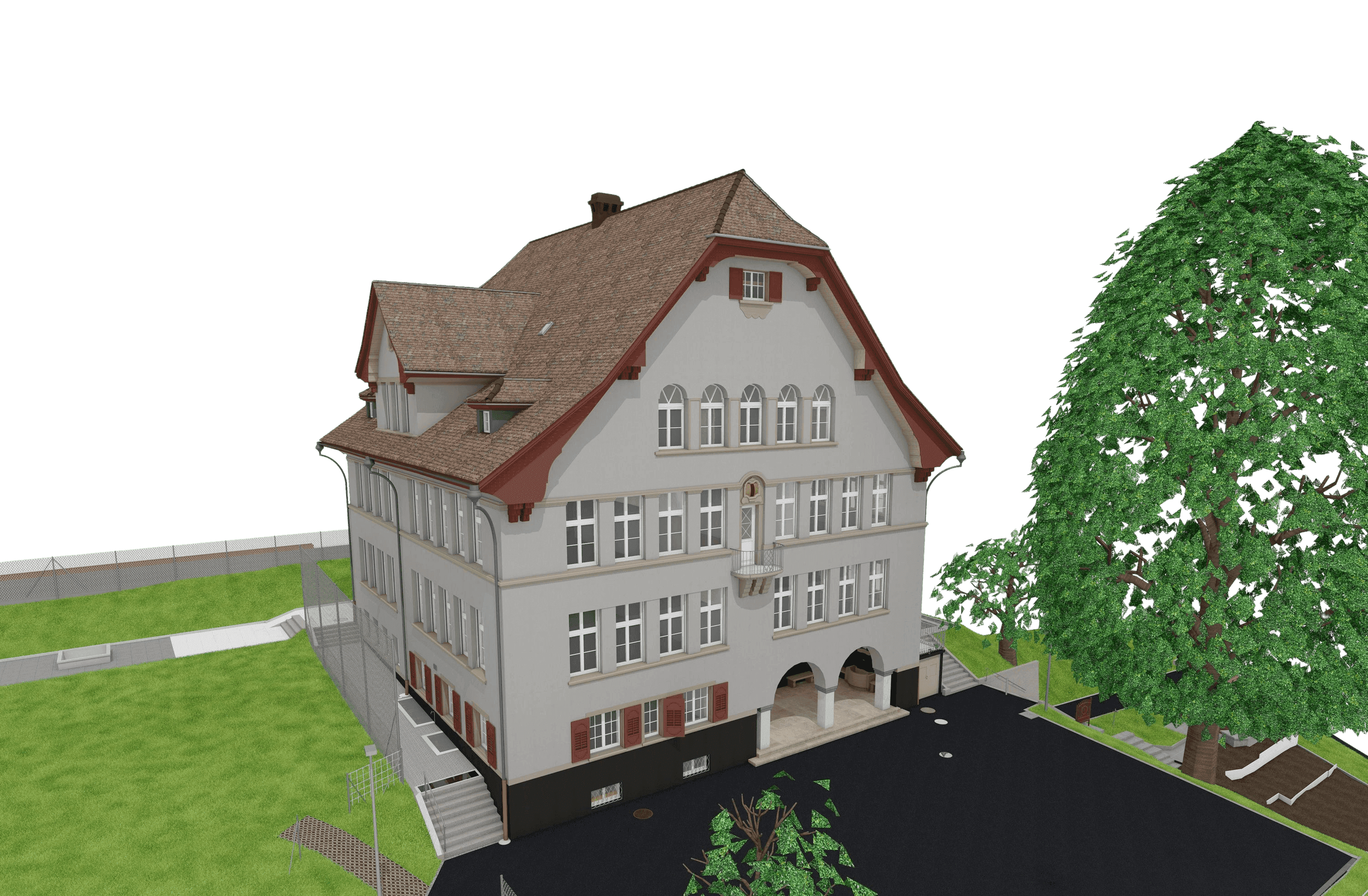 3D-Visualisierung eines historischen Schul- oder Verwaltungsgebäudes mit rotem Satteldach, Bogenportal und vielen Fenstern, umgeben von Grünfläche und großem Baum.