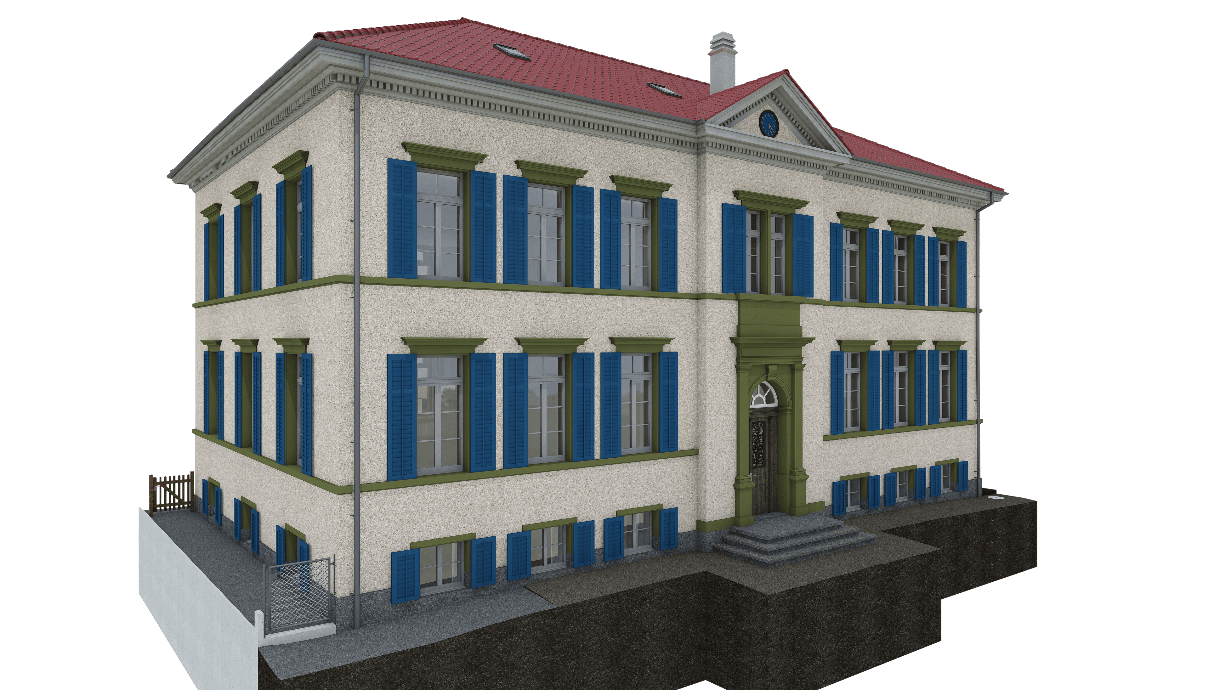Ein historisches, dreistöckiges Gebäude mit rotem Dach, blauen Fensterläden und klassischer Architektur.
