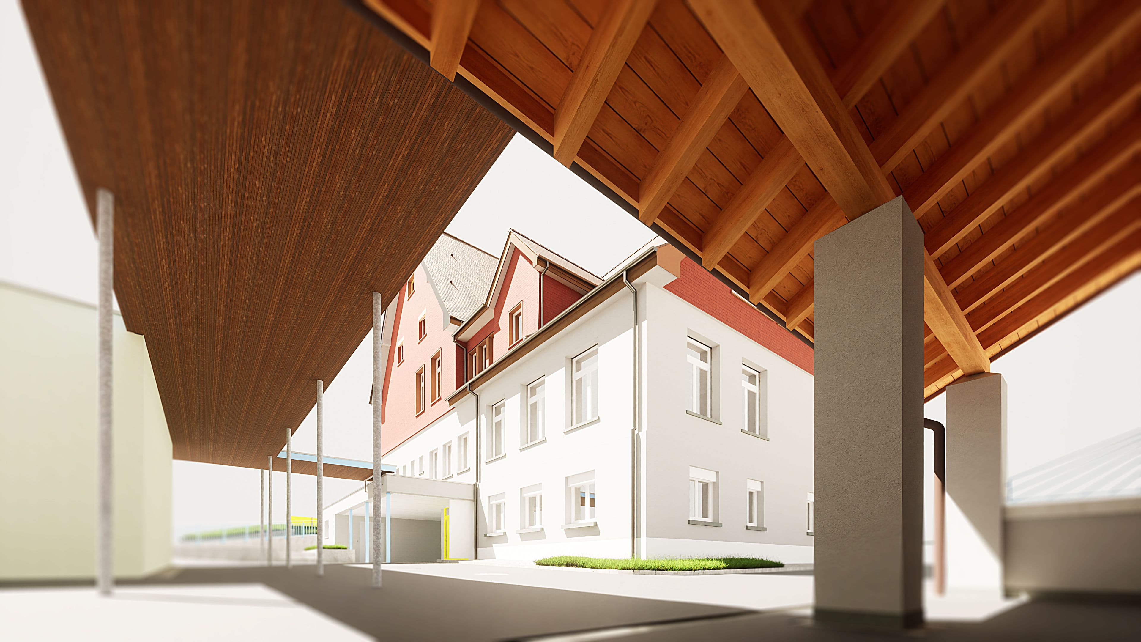 Moderner Holzbau, Überdachung mit Sicht auf städtisches Wohngebäude.