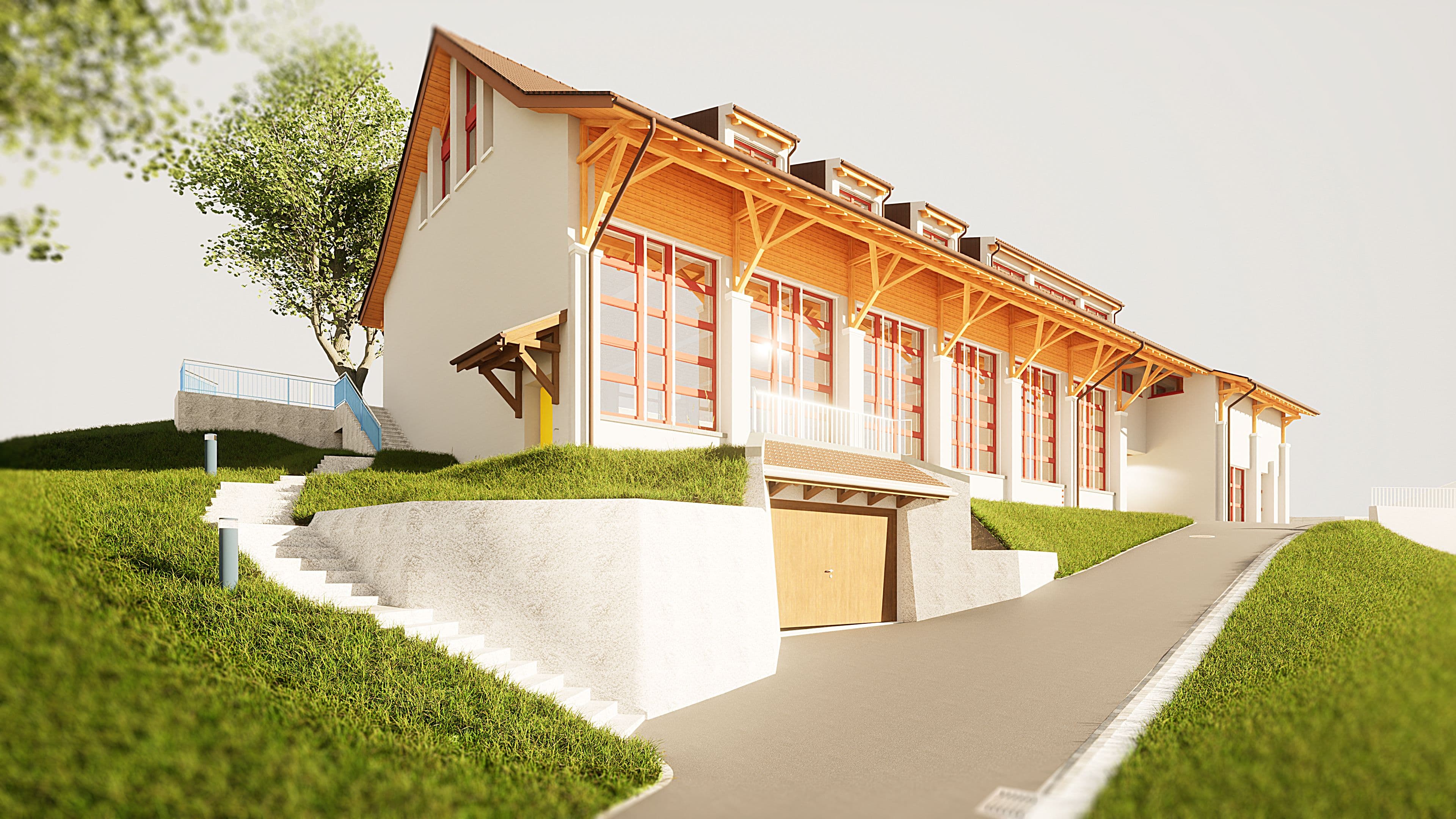Moderne Architektur eines Einfamilienhauses mit Holzelementen und großen Fensterfronten an einem sonnigen Tag.