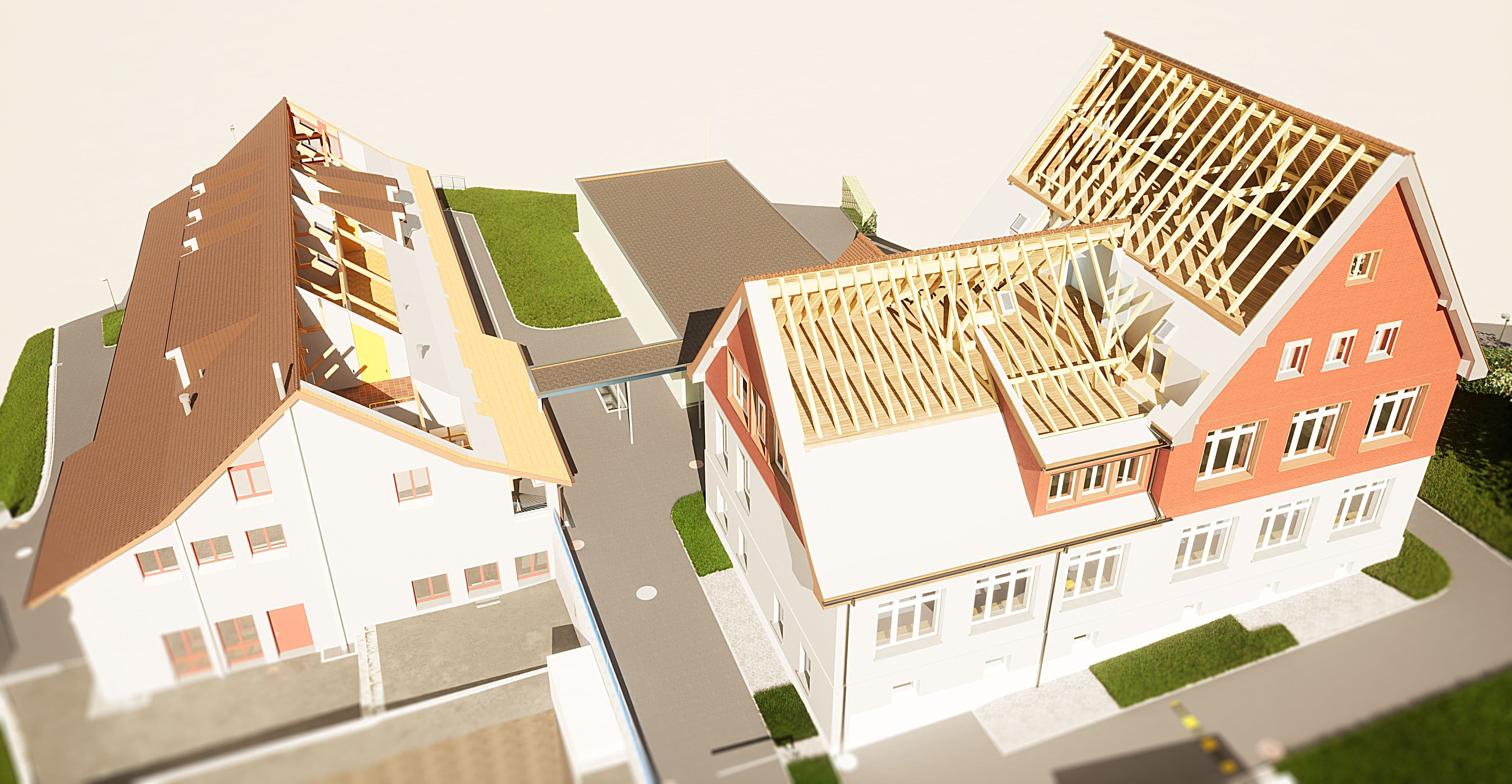 Modell eines Bauprojekts mit Häusern im Rohbau.