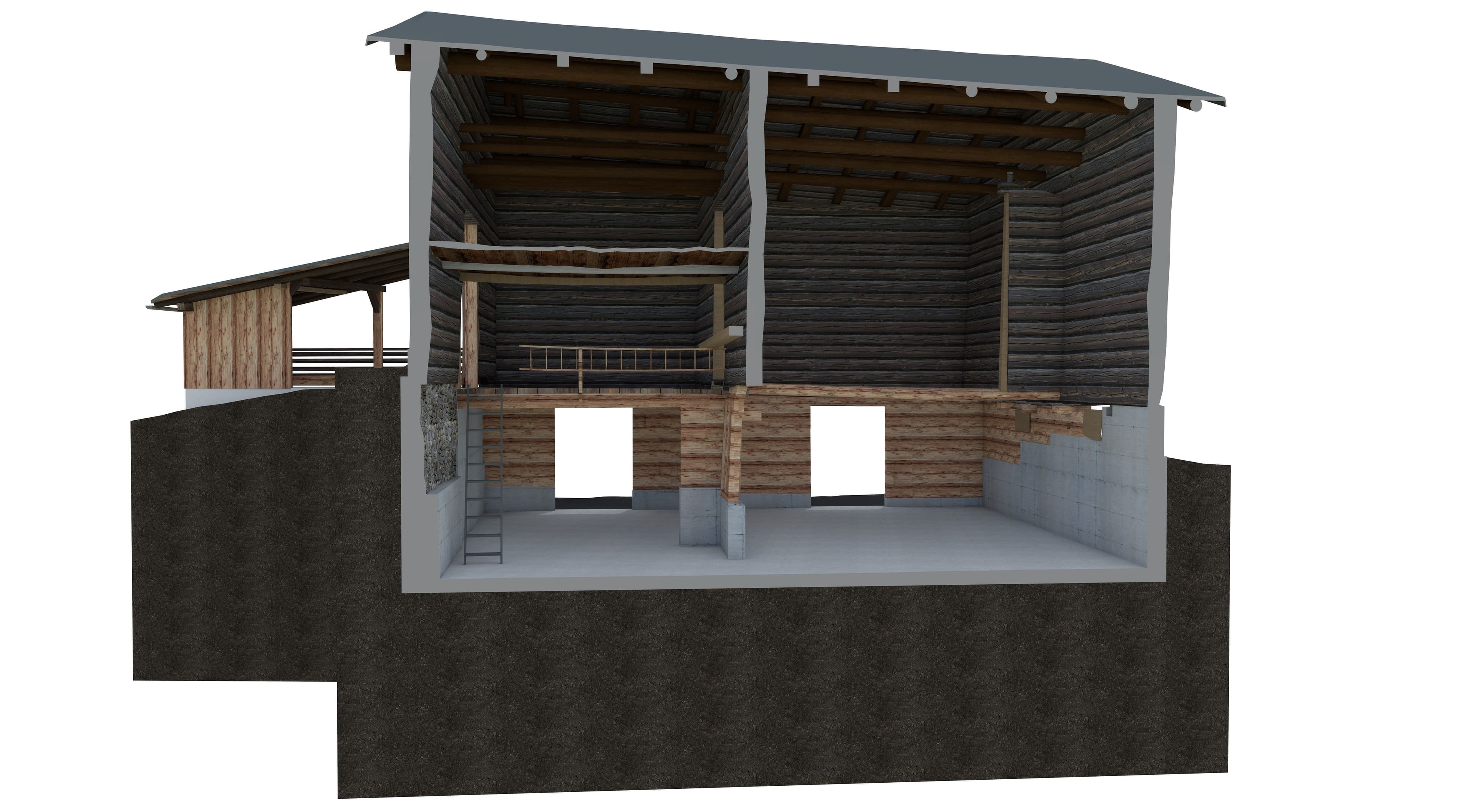 3D-Schnittansicht eines Holzhauses mit Satteldach: Innenraum, Balken, Zwischenboden und Betonsockel sichtbar; links überdachte Terrasse/Anbau, Darstellung als Architektur-Visualisierung.