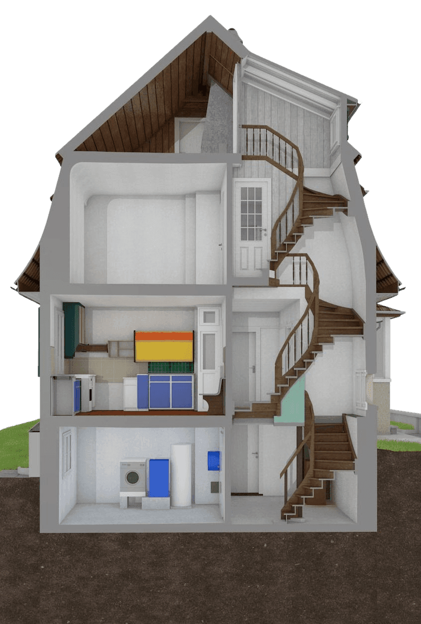 Ein detaillierter Querschnitt eines dreistöckigen Hauses mit Dachboden, zeigt die Innenstruktur und Raumeinteilung, inklusive Treppenhaus.