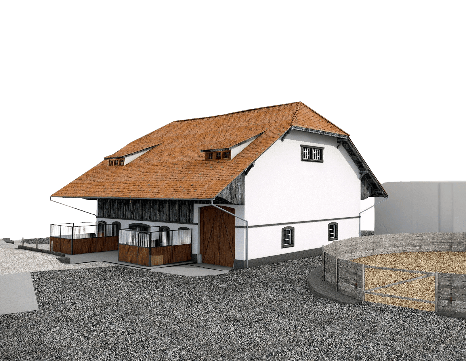 Ein traditionelles Bauernhaus mit Holzverkleidung, rotem Satteldach und angebautem Stall auf einem Kiesweg.