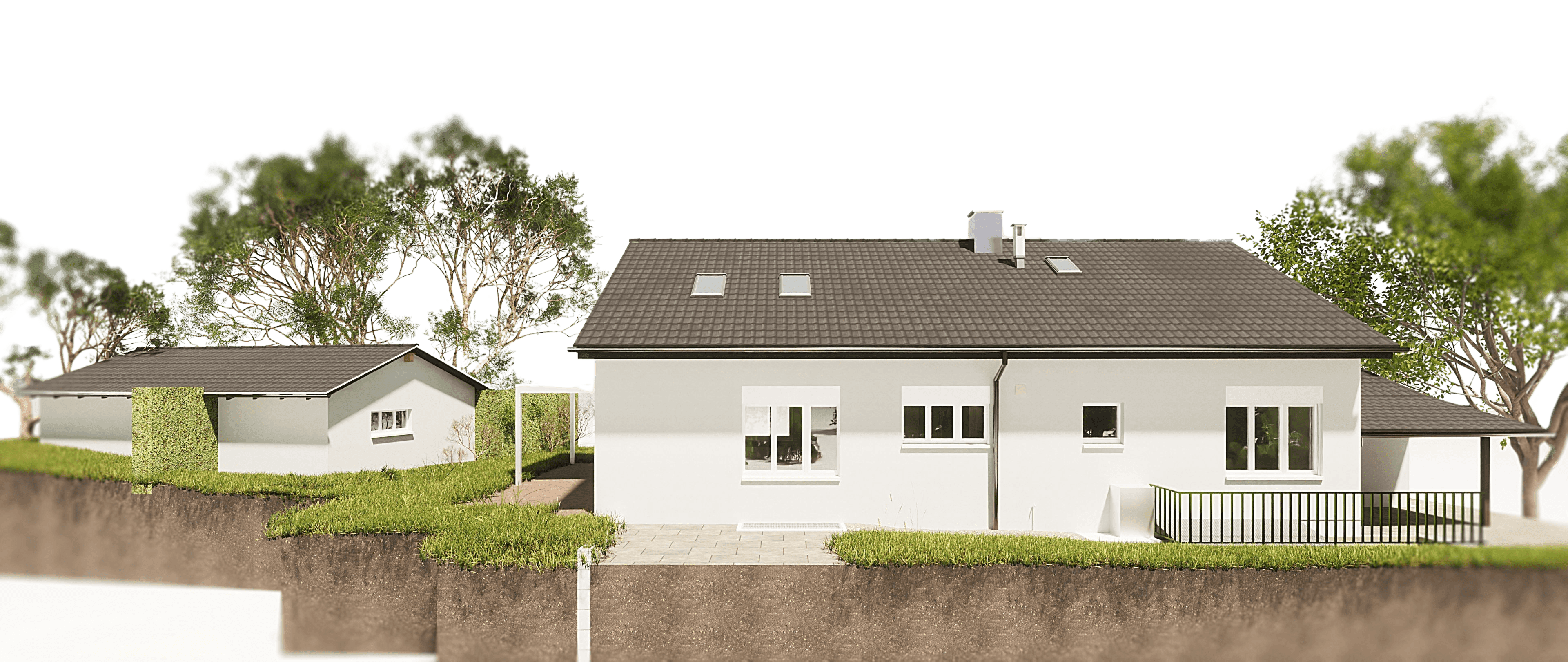 Modernes Einfamilienhaus mit Garten, umgeben von Bäumen.