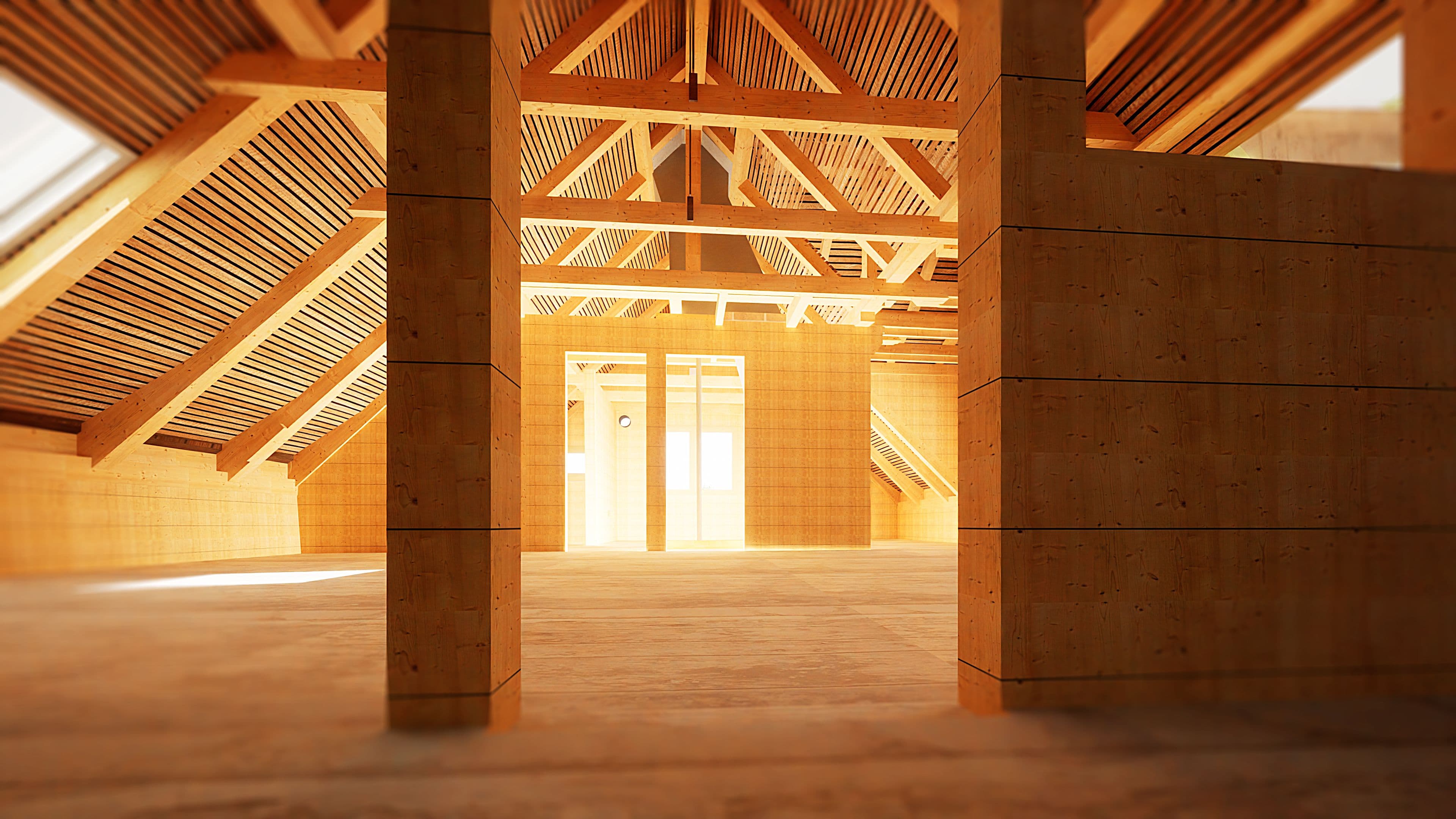 Moderne Holzarchitektur mit Sichtbalken und Säulen im Innenraum.