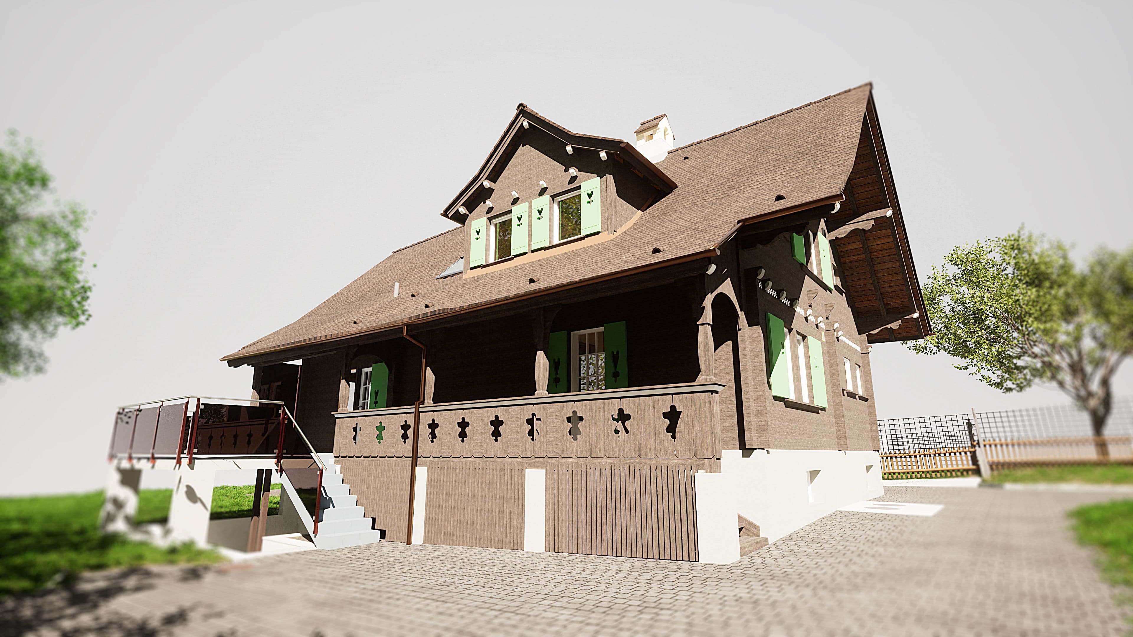 Landhaus mit braunem Dach und grünen Fensterläden im Sonnenlicht.