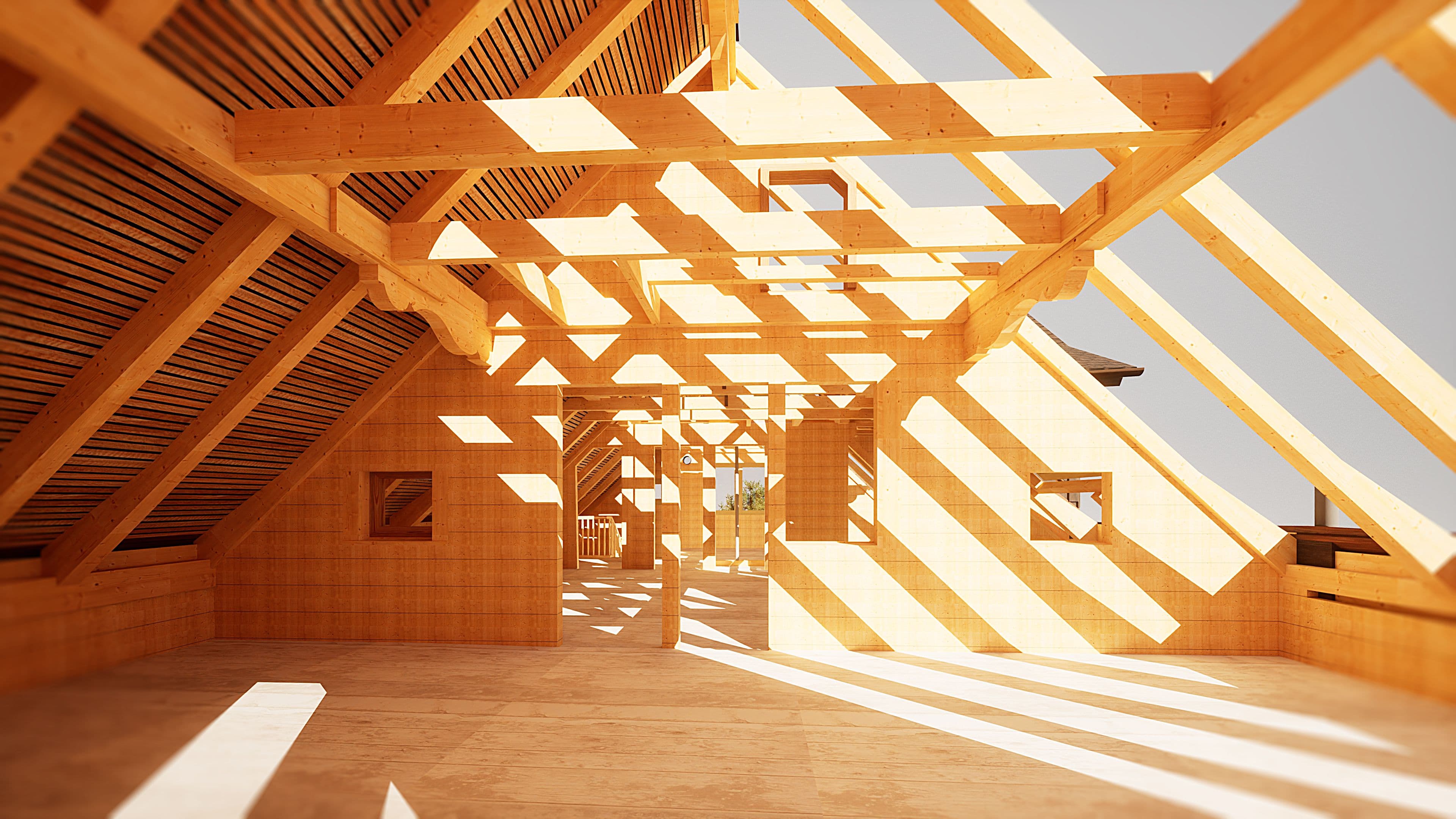 Modernes Holzbauwerk mit komplexem Trägermuster und Schattenspiel.