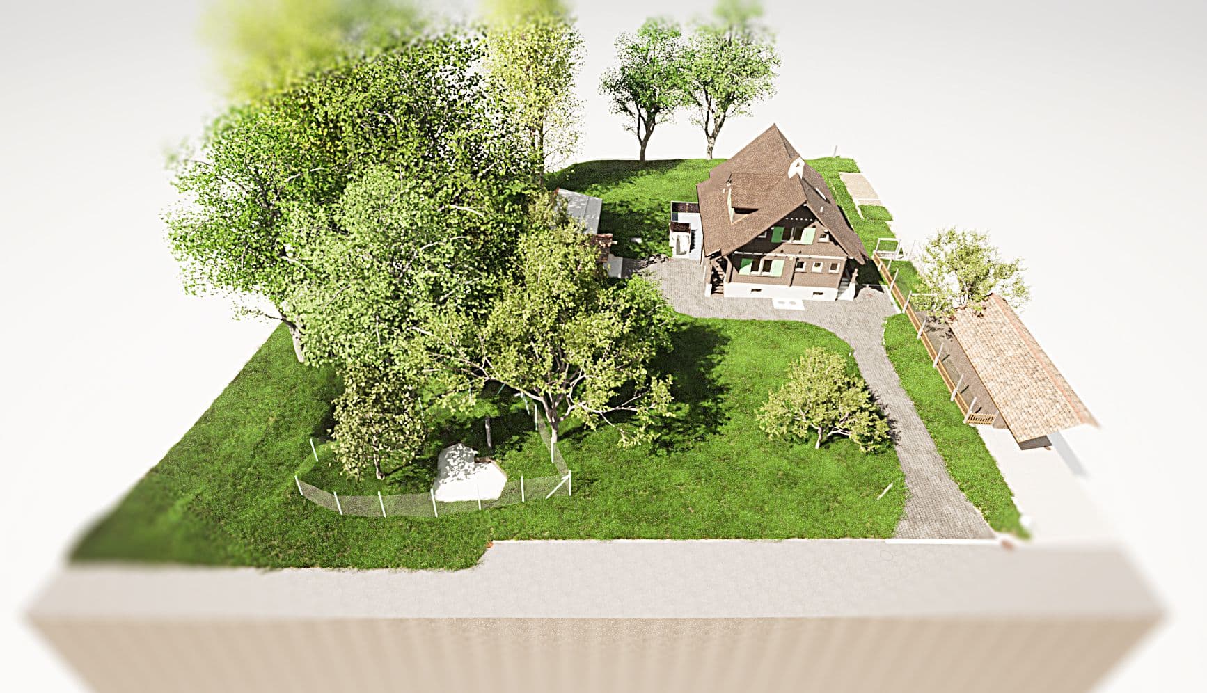 3D-Modell eines ländlichen Hauses mit Garten und Bäumen.
