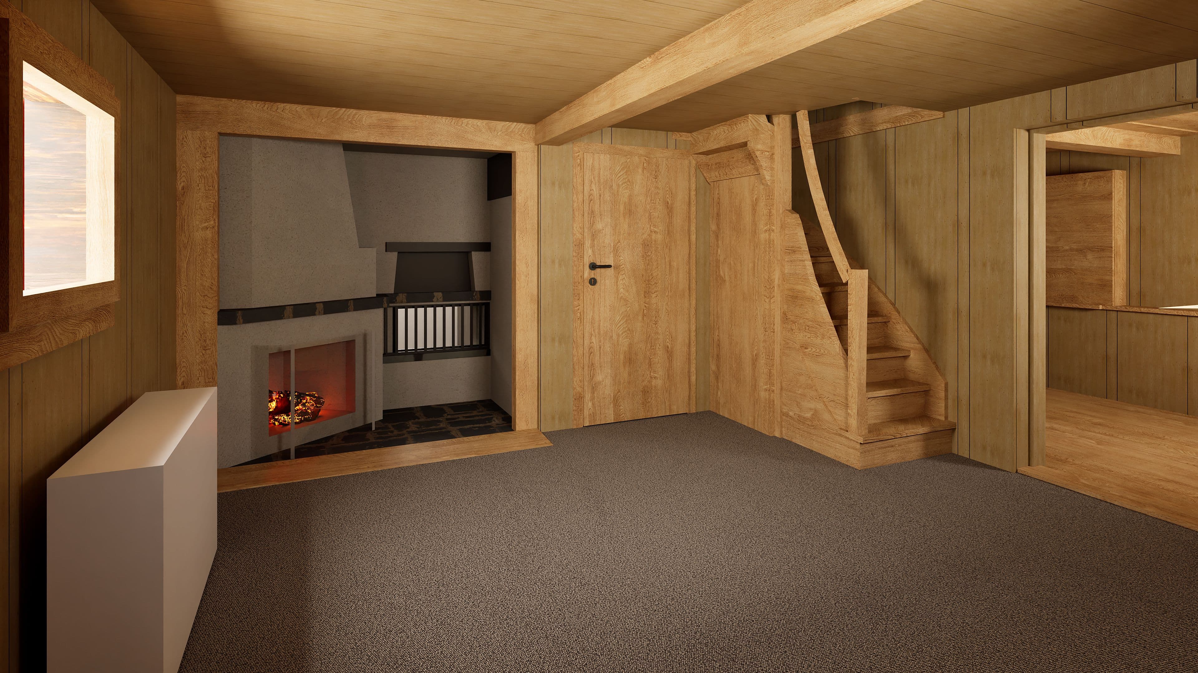 Gemütliches Wohnzimmer mit Holzwänden, Kamin und Treppe, warm beleuchtet.