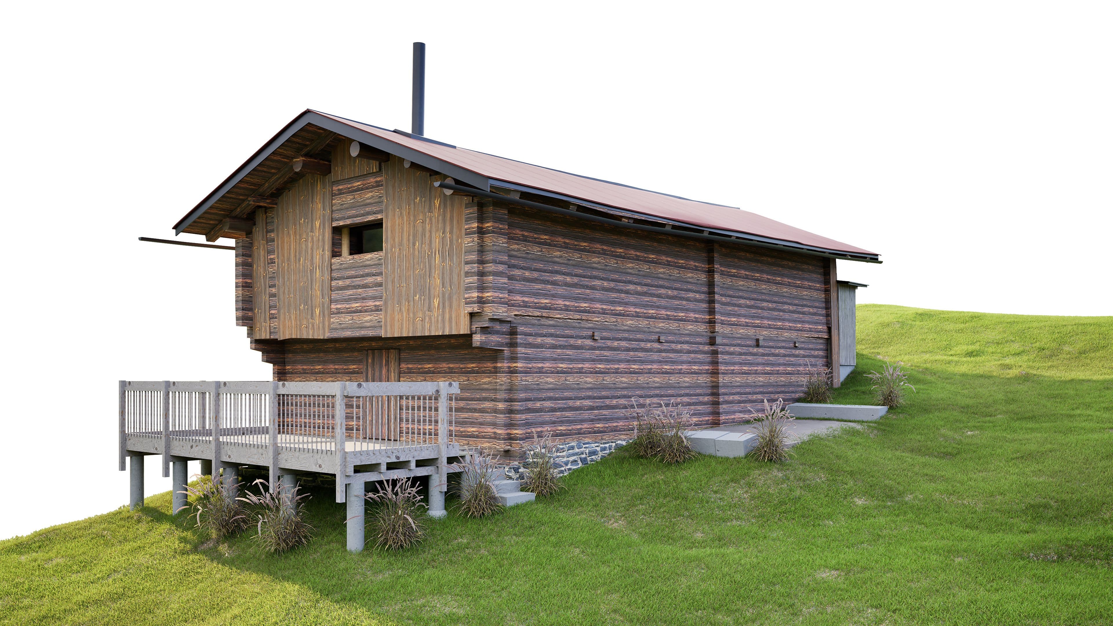Blockhaus auf grünem Hügel, Holzdesign mit Veranda.