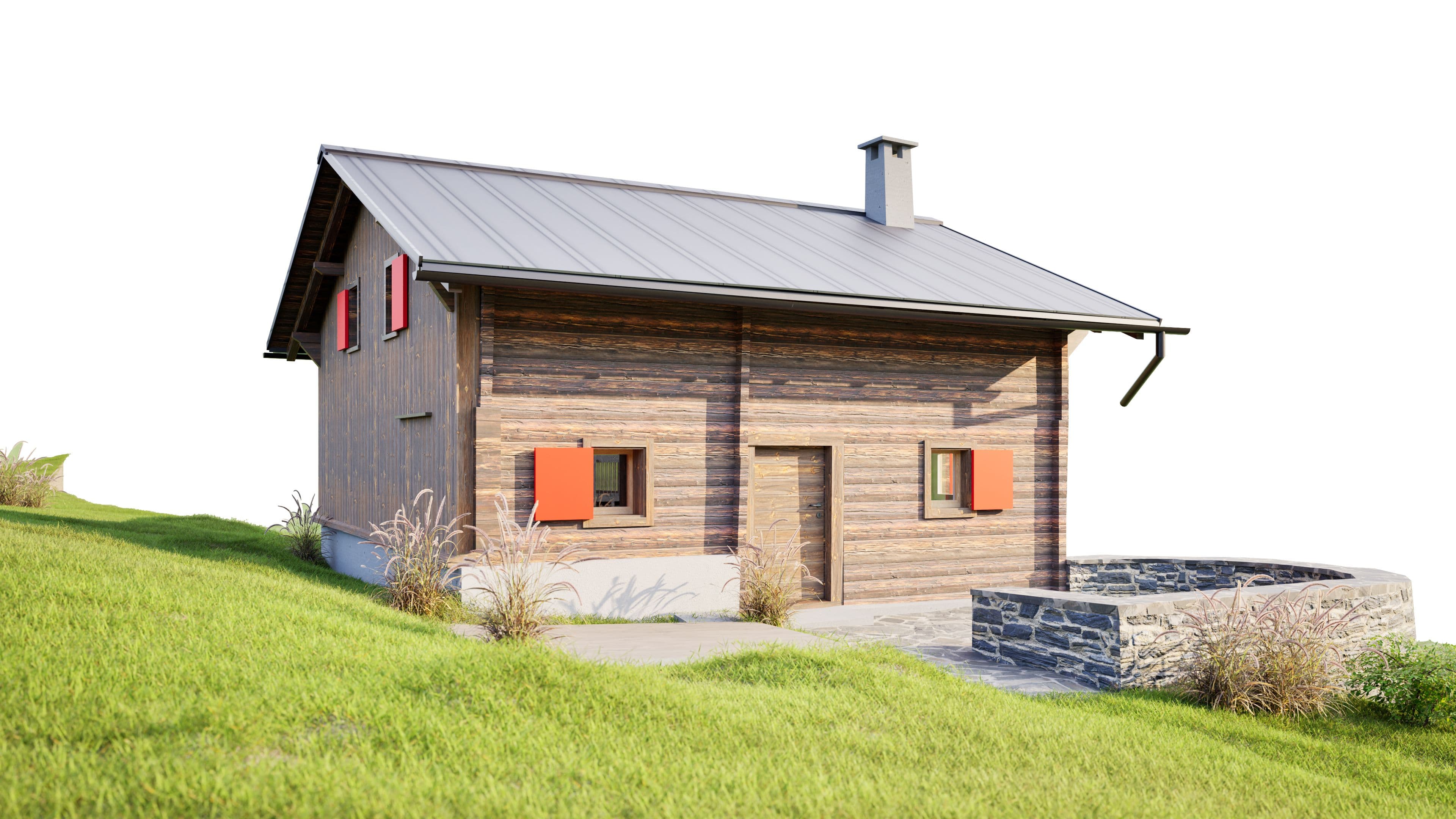 Holzhaus auf einem grünen Hang mit Ziegeldach und roten Fensterläden.