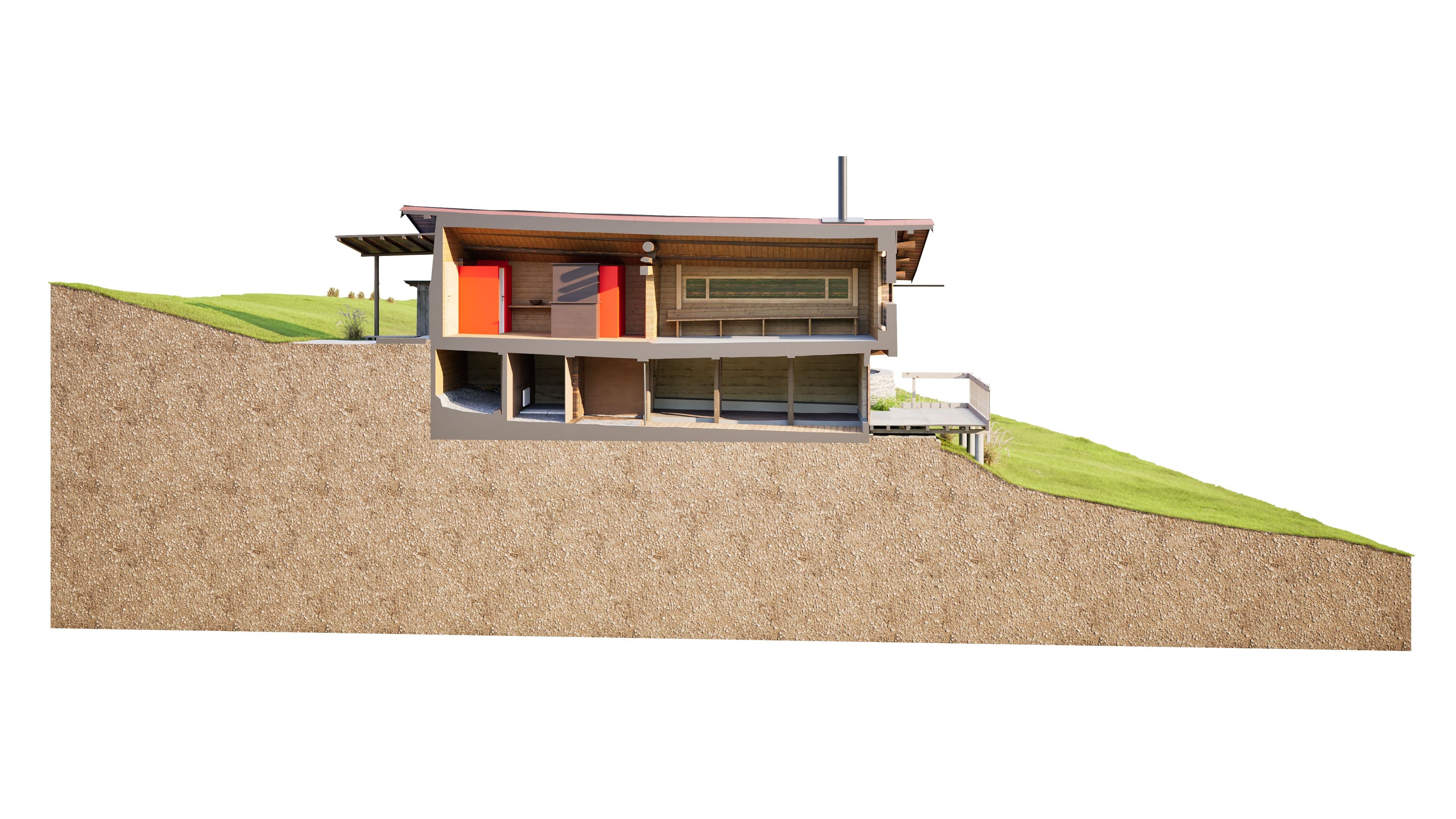 Hanghaus-Querschnitt mit moderner Struktur und großen Fenstern im Erdreich auf einer geneigten Wiese.