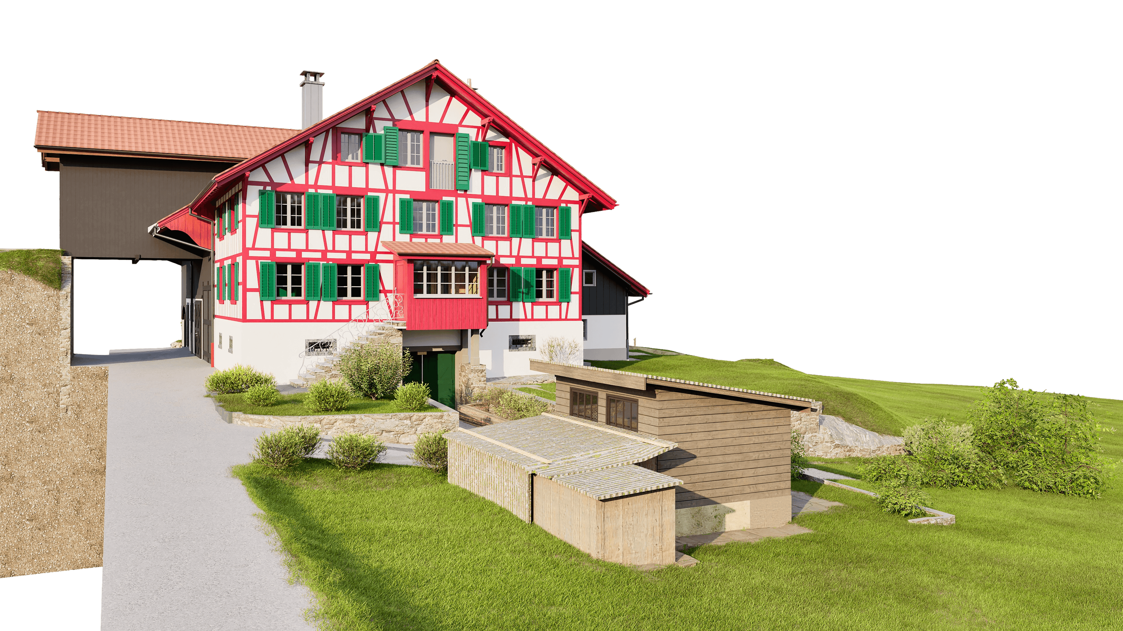 Traditionelles Schweizer Haus mit roter Fassade, grünen Fensterläden und gepflegtem Garten auf einem Hügel.