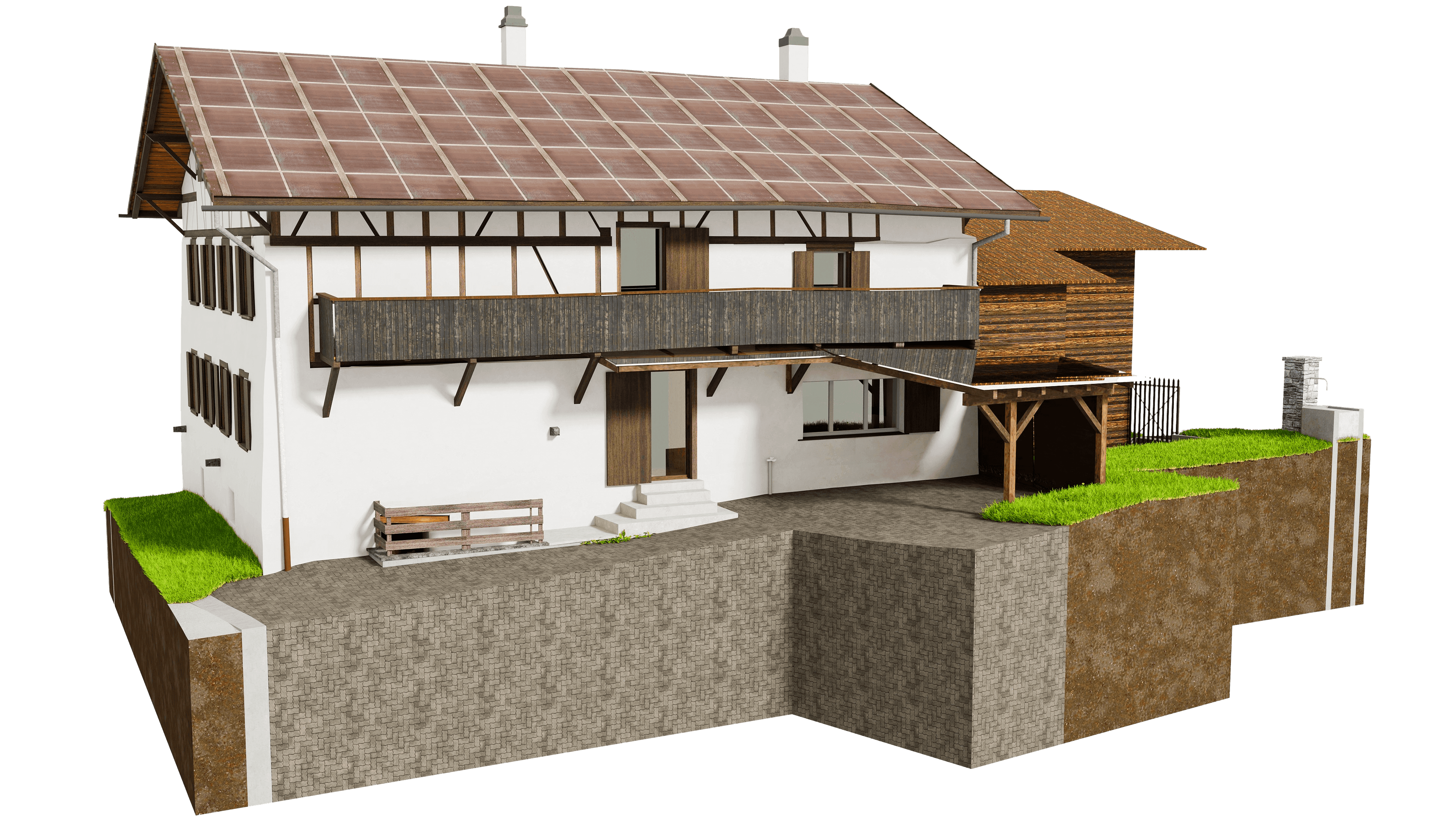 Ein traditionelles, zweistöckiges Bauernhaus mit weißen Wänden, Holzverkleidung und einem großen Balkon, umgeben von einer gepflegten Gartenlandschaft.