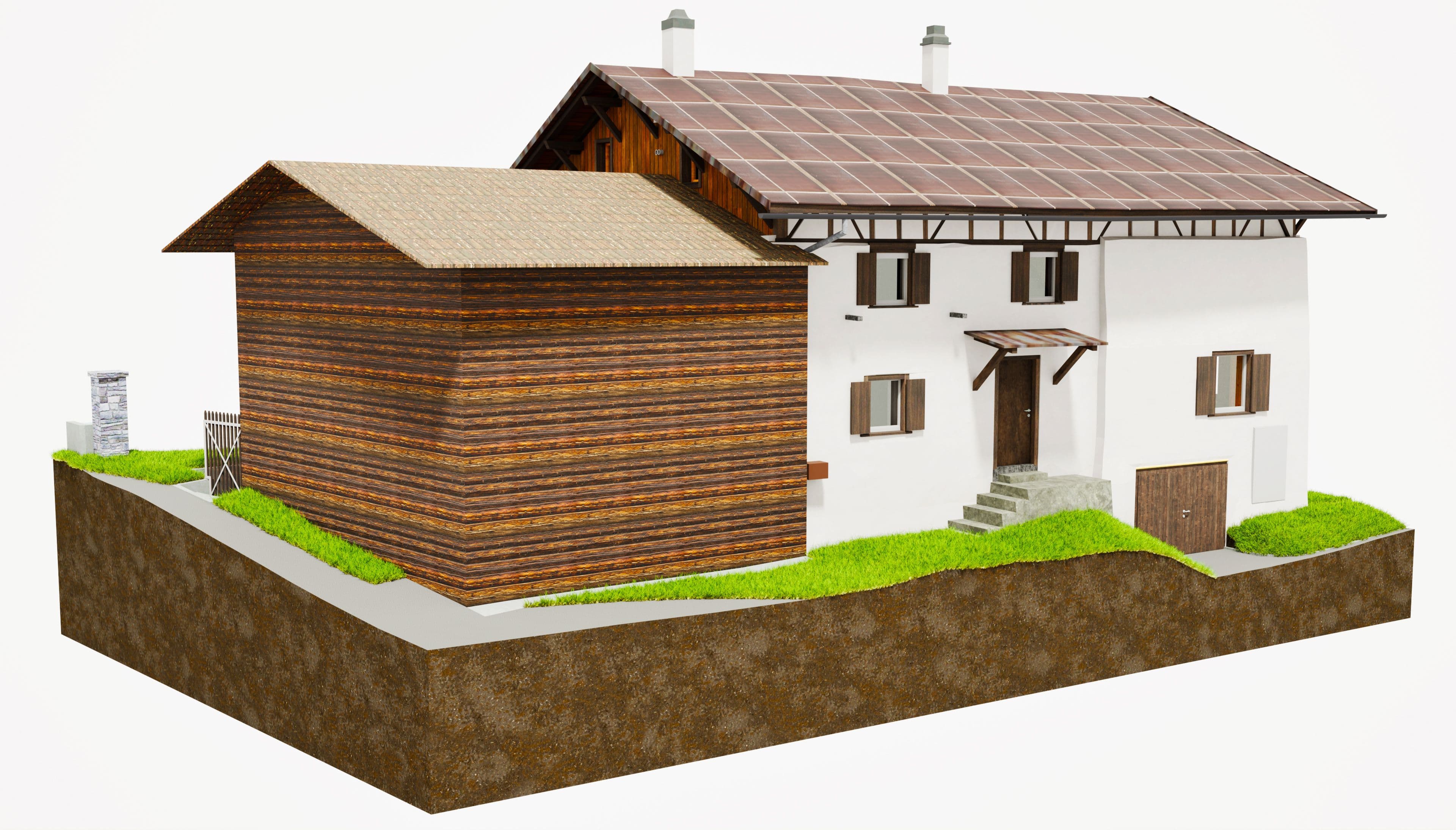 Ein traditionelles Holzhaus mit weißen Fassaden, Holzdach und Nebenbau, umgeben von Rasen auf einer erhöhten Plattform.