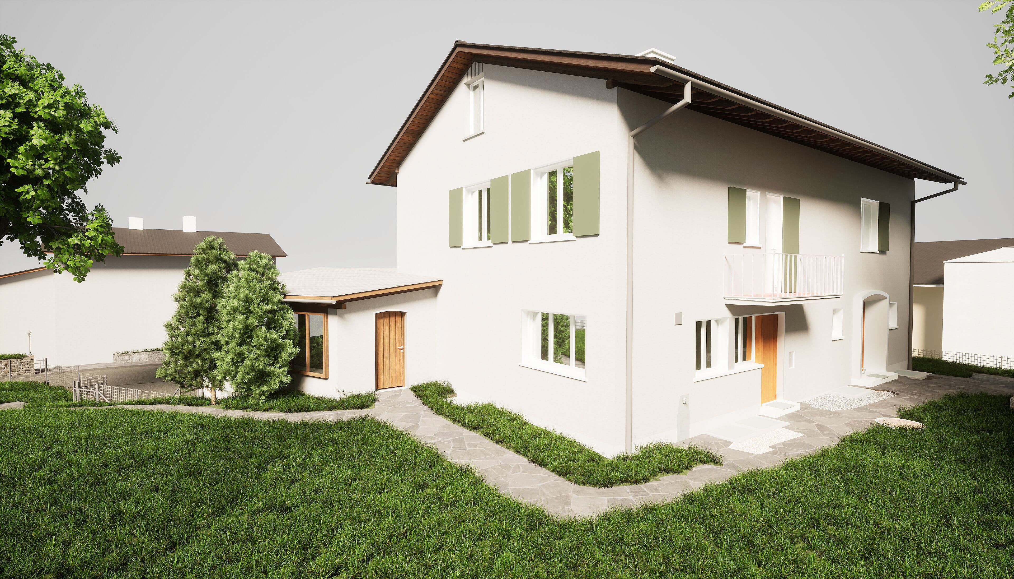 Einfamilienhaus mit gepflegtem Garten und Garage bei Tageslicht.