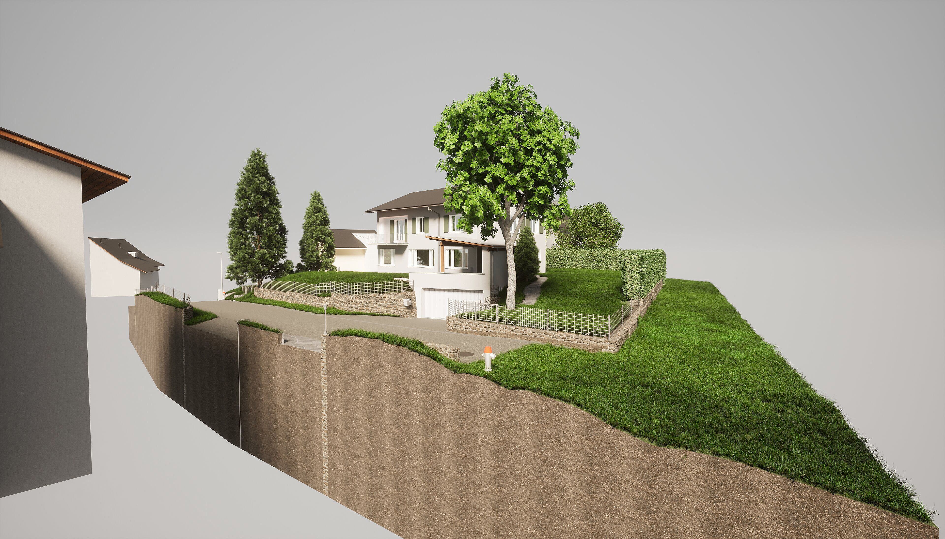 3D-Visualisierung eines Einfamilienhauses auf erhöhtem Grundstück mit Bäumen und begrünter Böschung.