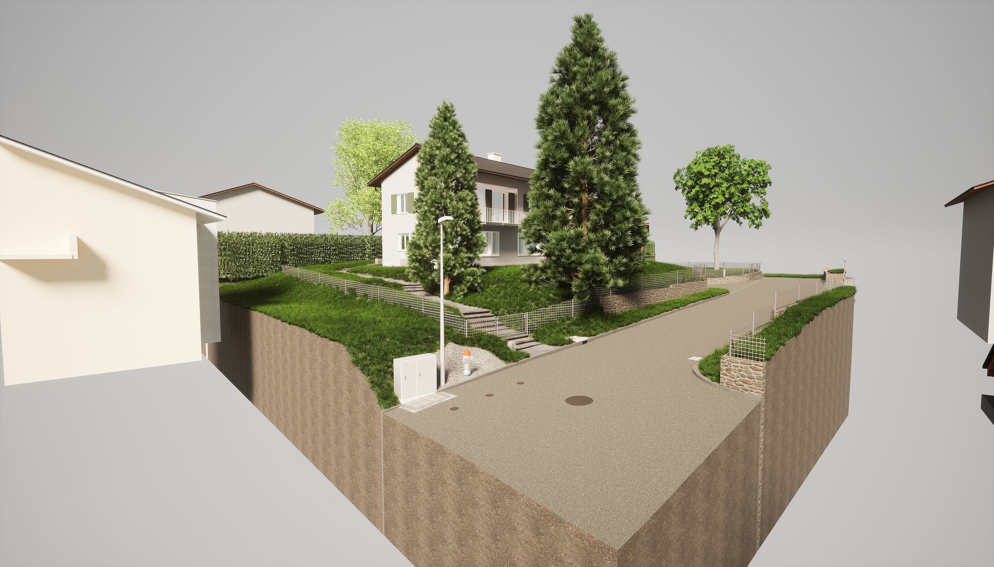 3D-Visualisierung eines modernen Einfamilienhauses mit Garten und Zufahrt.