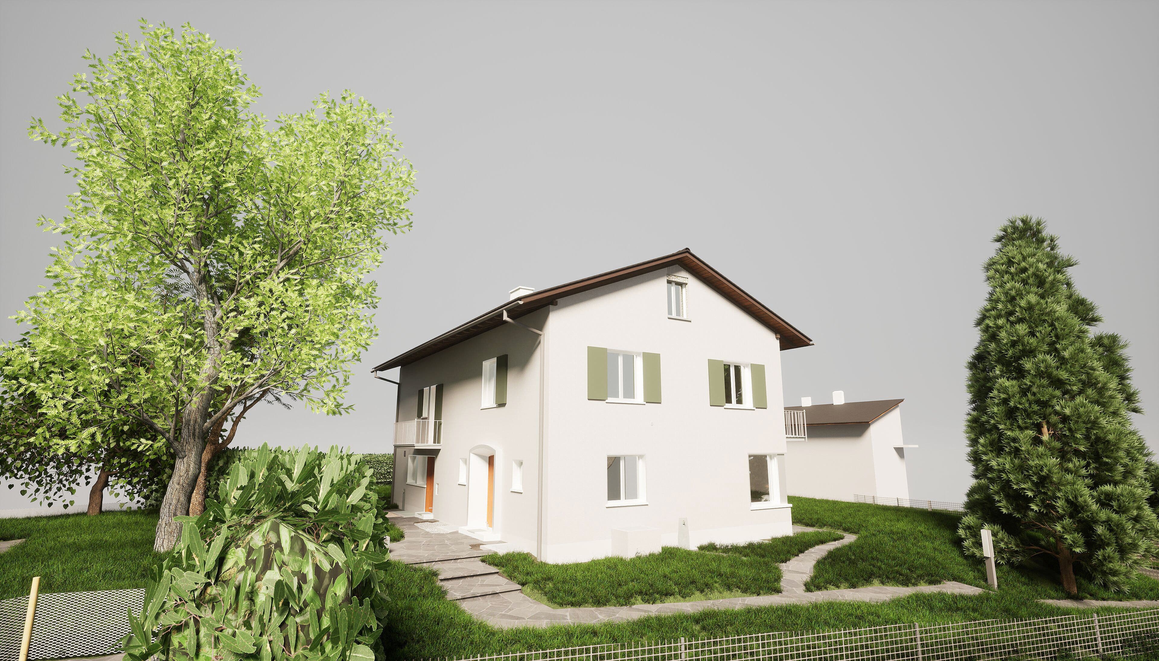 Moderneres Einfamilienhaus in grüner Umgebung mit Bäumen und Rasenfläche.