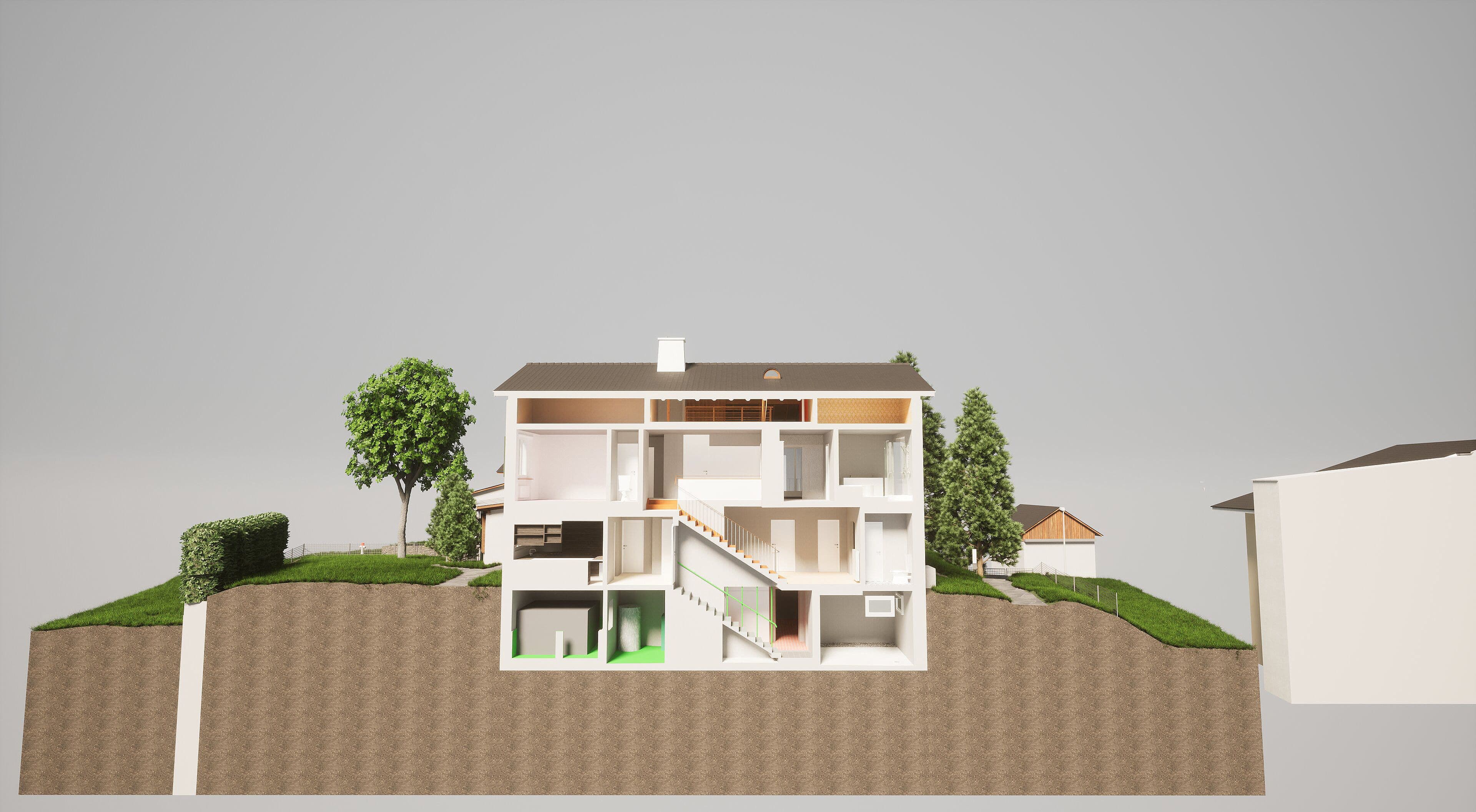 3D-Modell eines modernen Mehrfamilienhauses auf einer Anhöhe mit Bäumen.