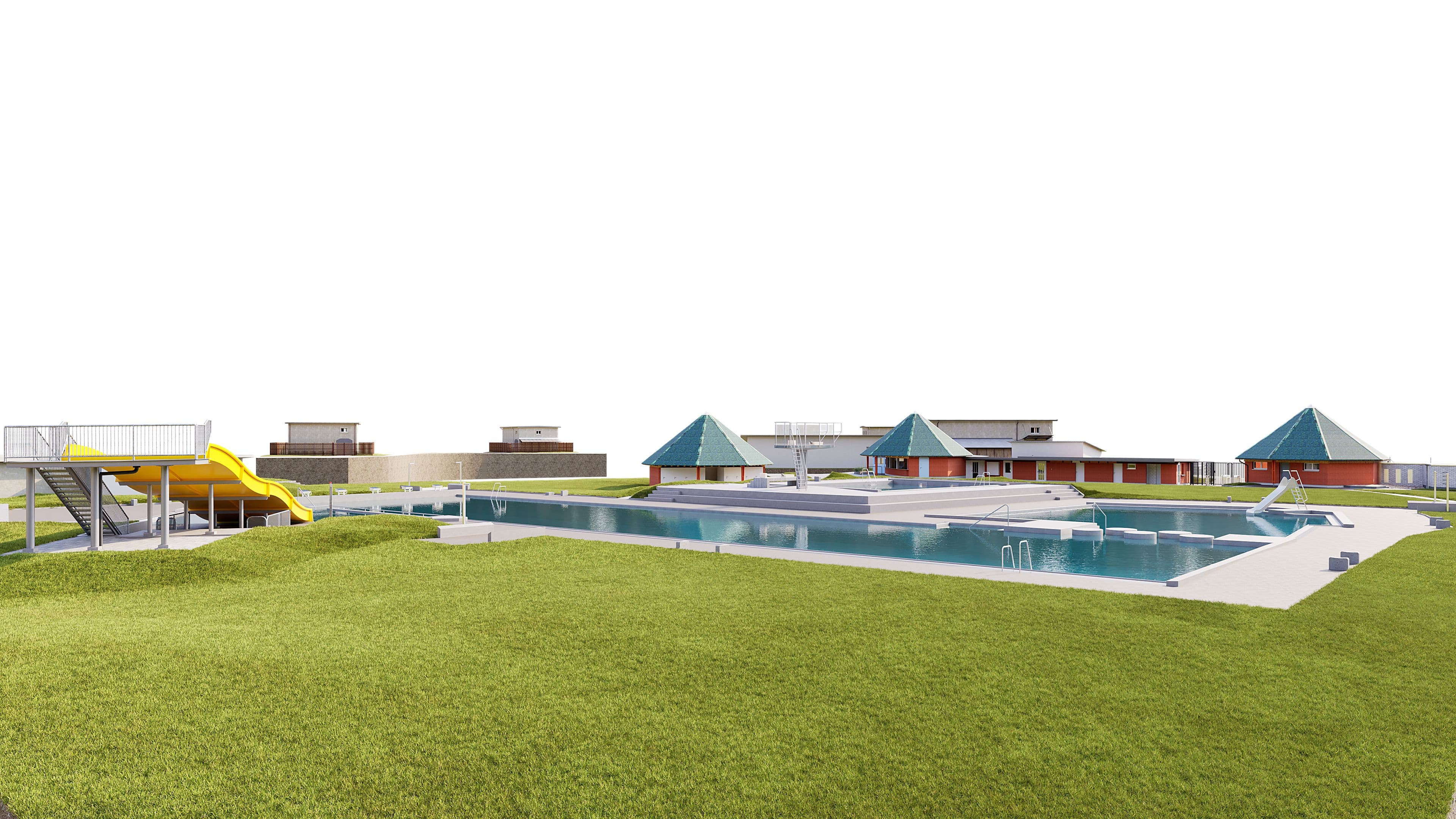 3D-Visualisierung eines Freibads mit großem Schwimmbecken, grüner Liegewiese, gelber Wasserrutsche und niedrigen Gebäuden mit pyramidenförmigen Dächern im Hintergrund.