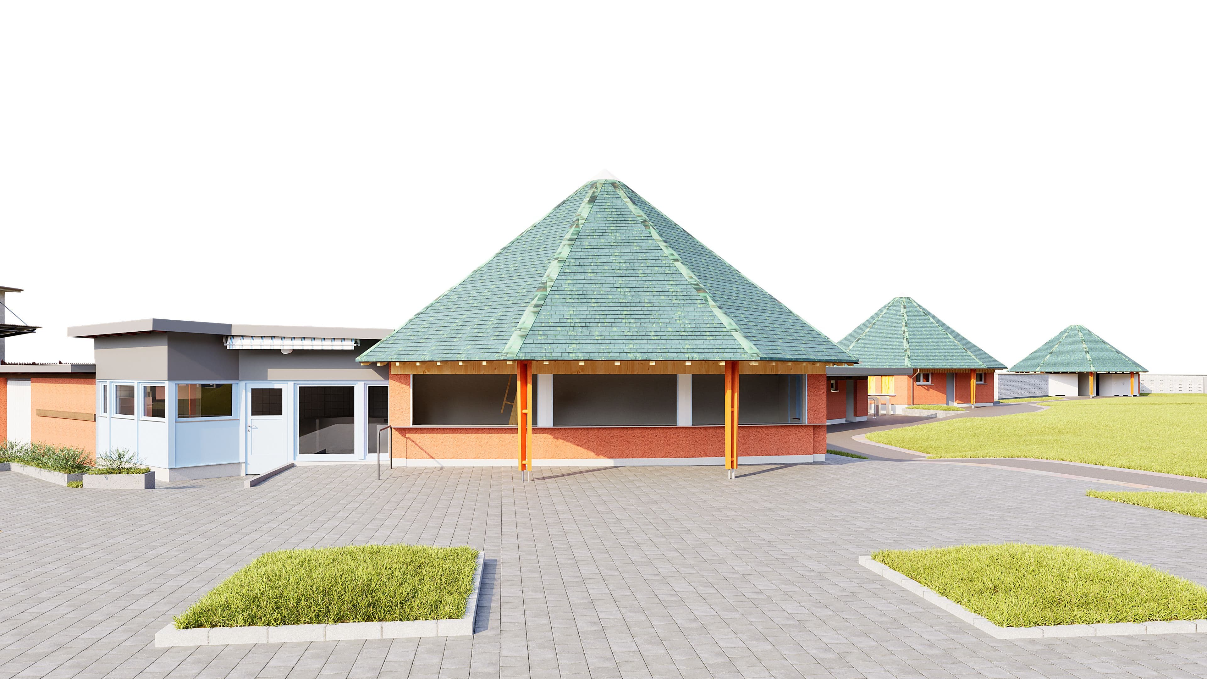 Moderne Anlage mit flachen Gebäuden und großen grünen Pyramidendächern, gepflasterter Hof und Grünflächen; Eingang mit Überdachung und Fenstern, helles Tageslicht.