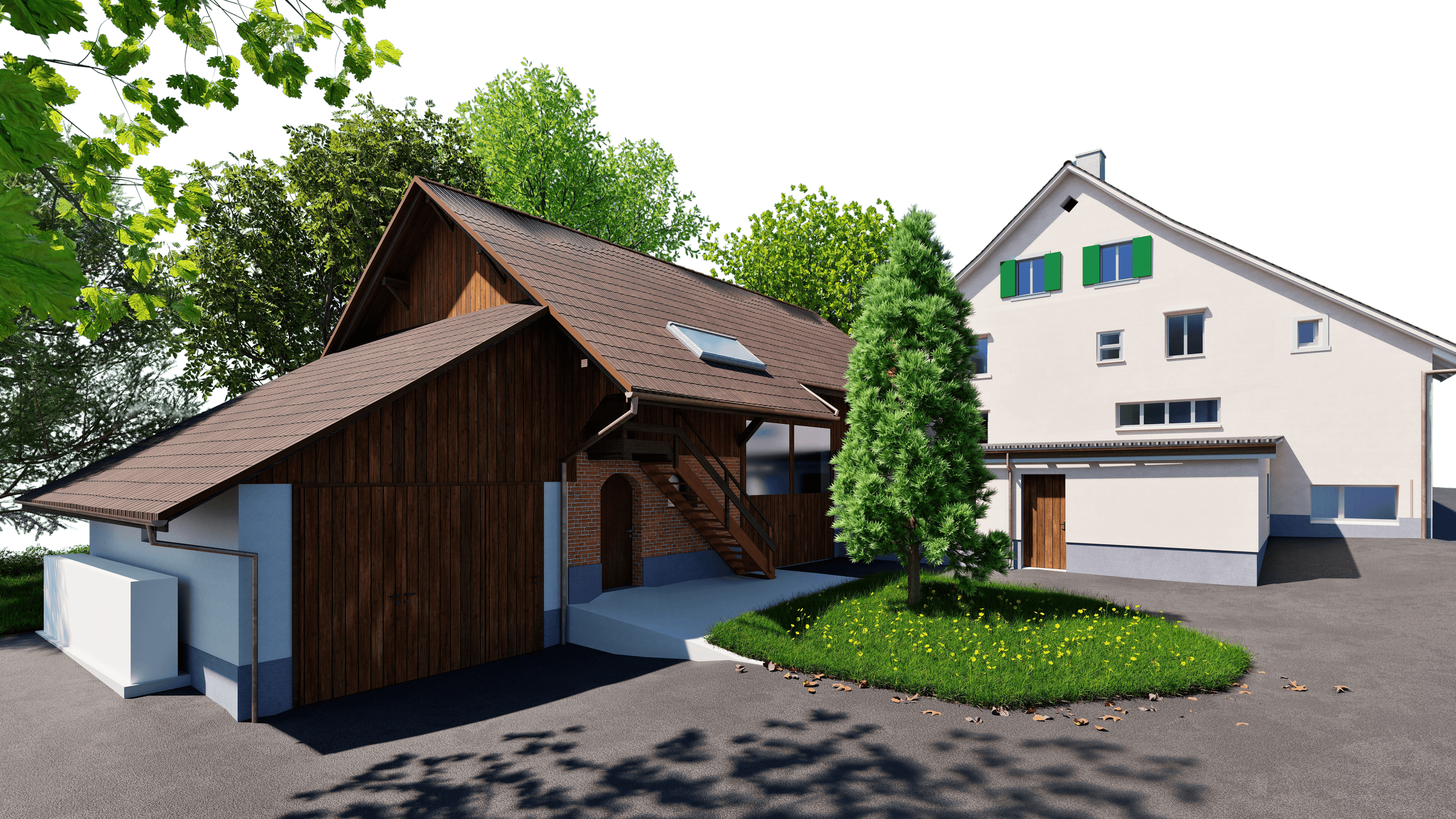 Zwei moderne Häuser mit Holz- und Putzfassaden, umgeben von Bäumen und einer gepflasterten Auffahrt.