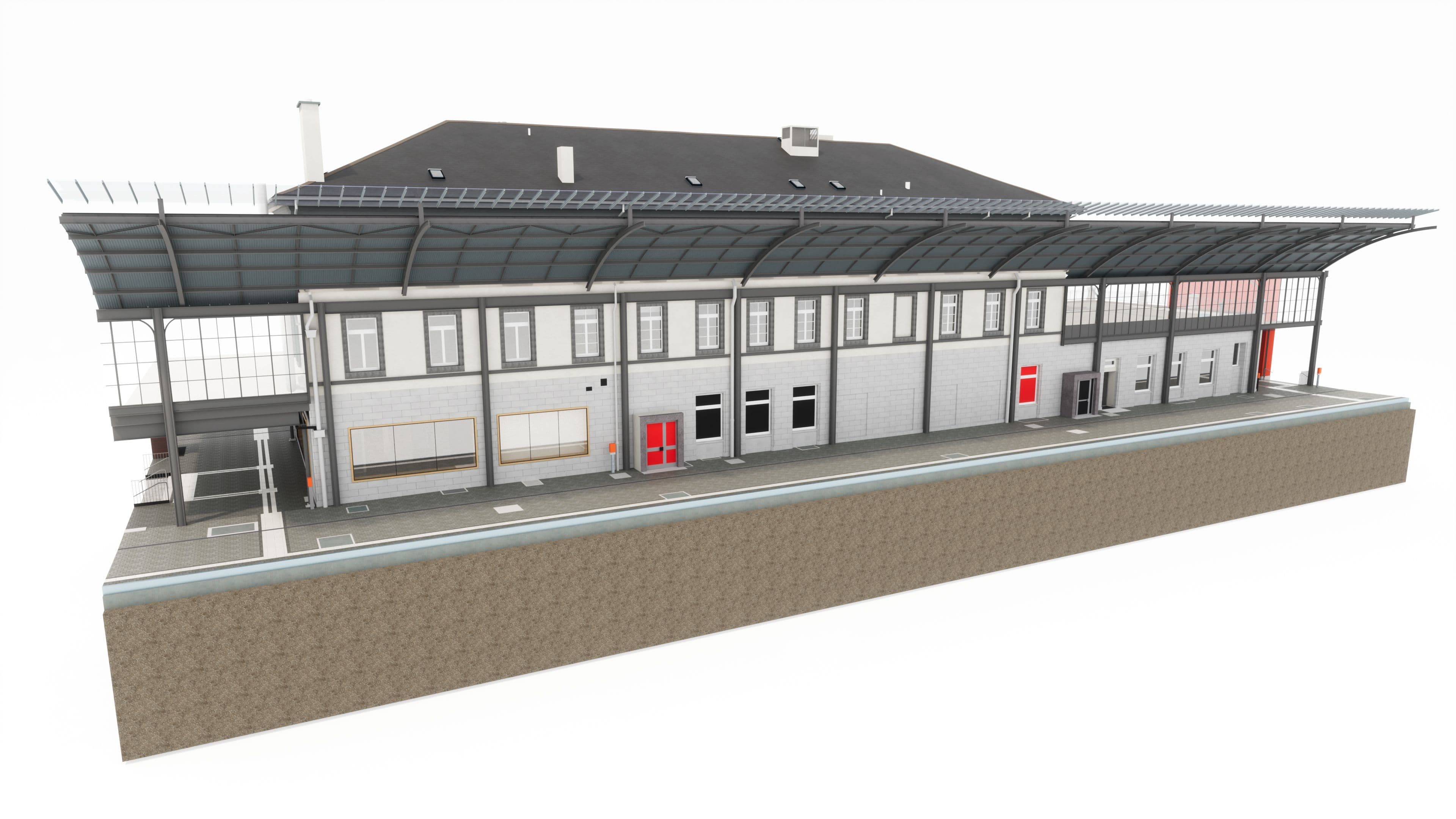 3D-Rendering eines modernen Bahnhofsgebäudes mit überdachtem Bahnsteig.