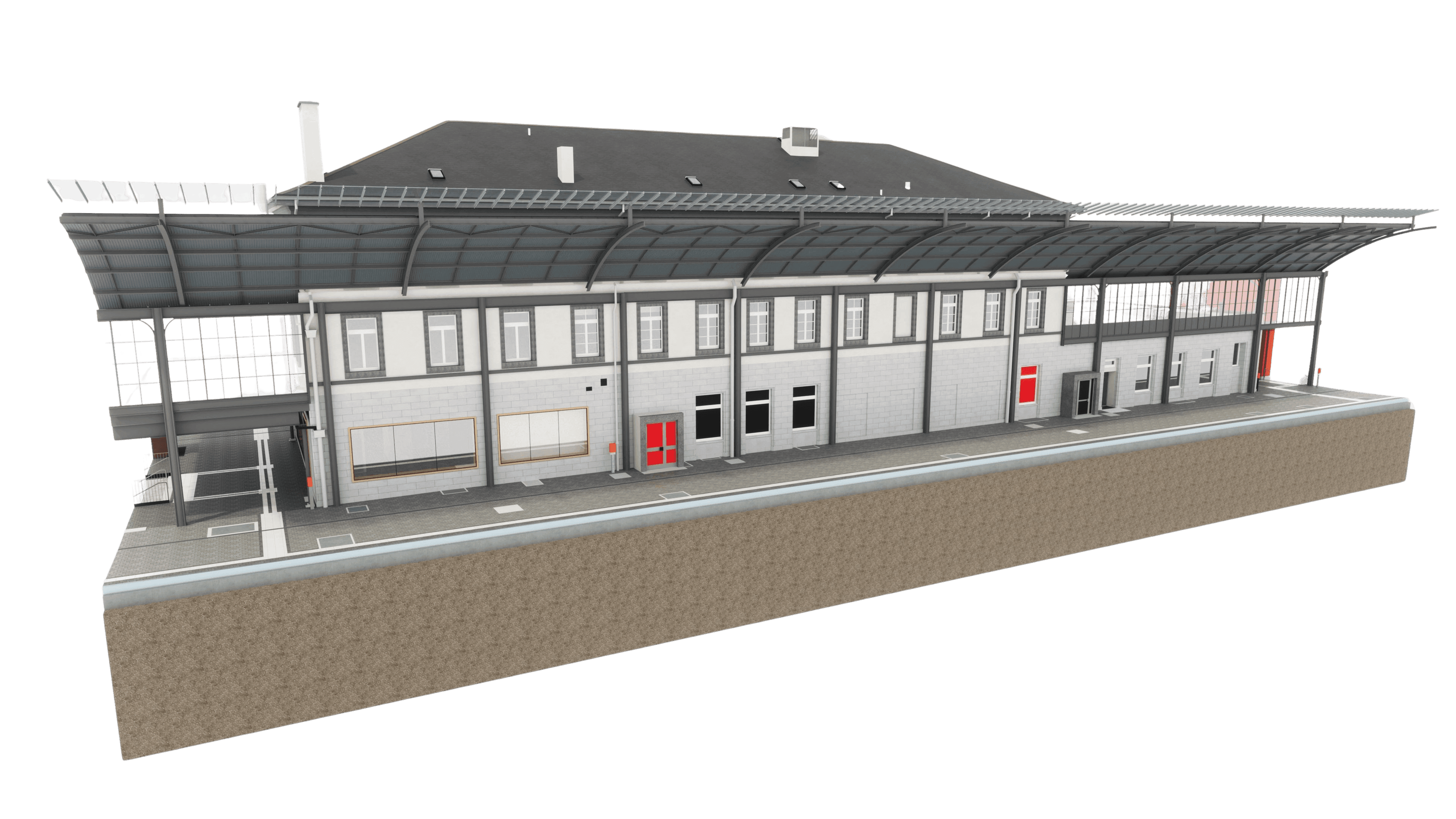 Ein modernes, zweistöckiges Bahnhofsgebäude mit Flachdach und großen Fenstern.