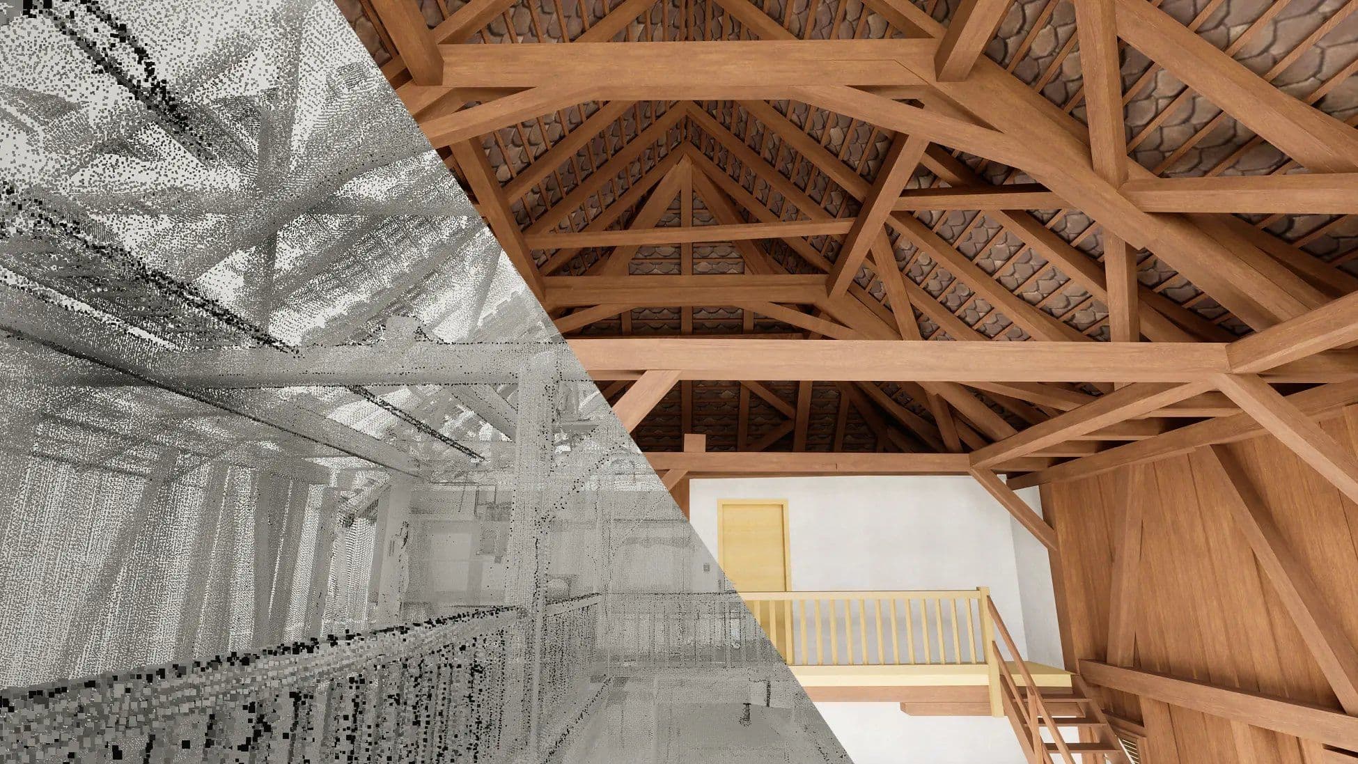 Innenansicht eines Dachstuhls mit sichtbaren Holzbalken, teilweise in Farbe und teilweise als Röntgenbild dargestellt.