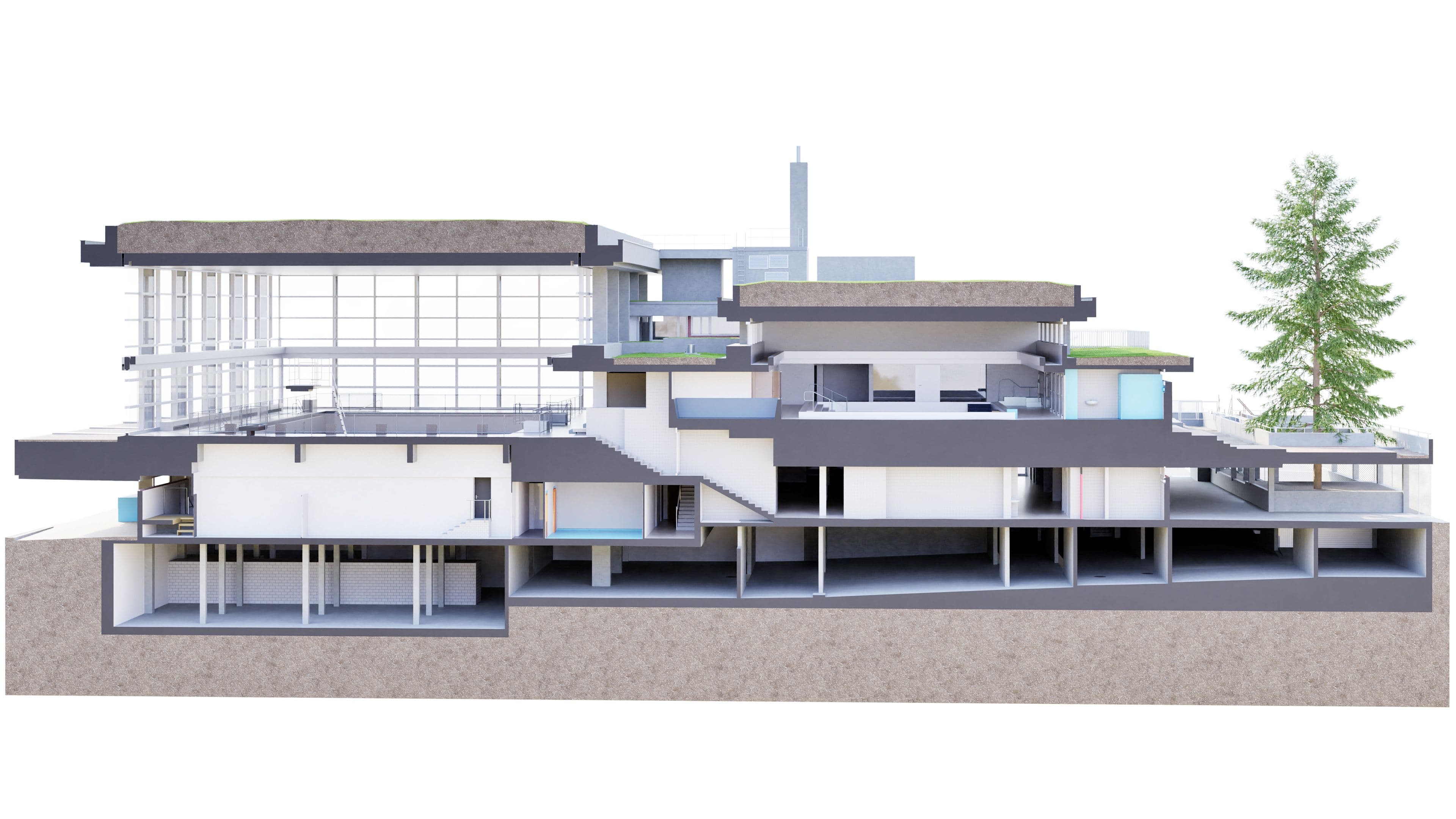 Schnitt des 3D-Bestandsmodells Neubad Luzern mit Darstellung der Wandstärken, Decken und Bodenaufbauten