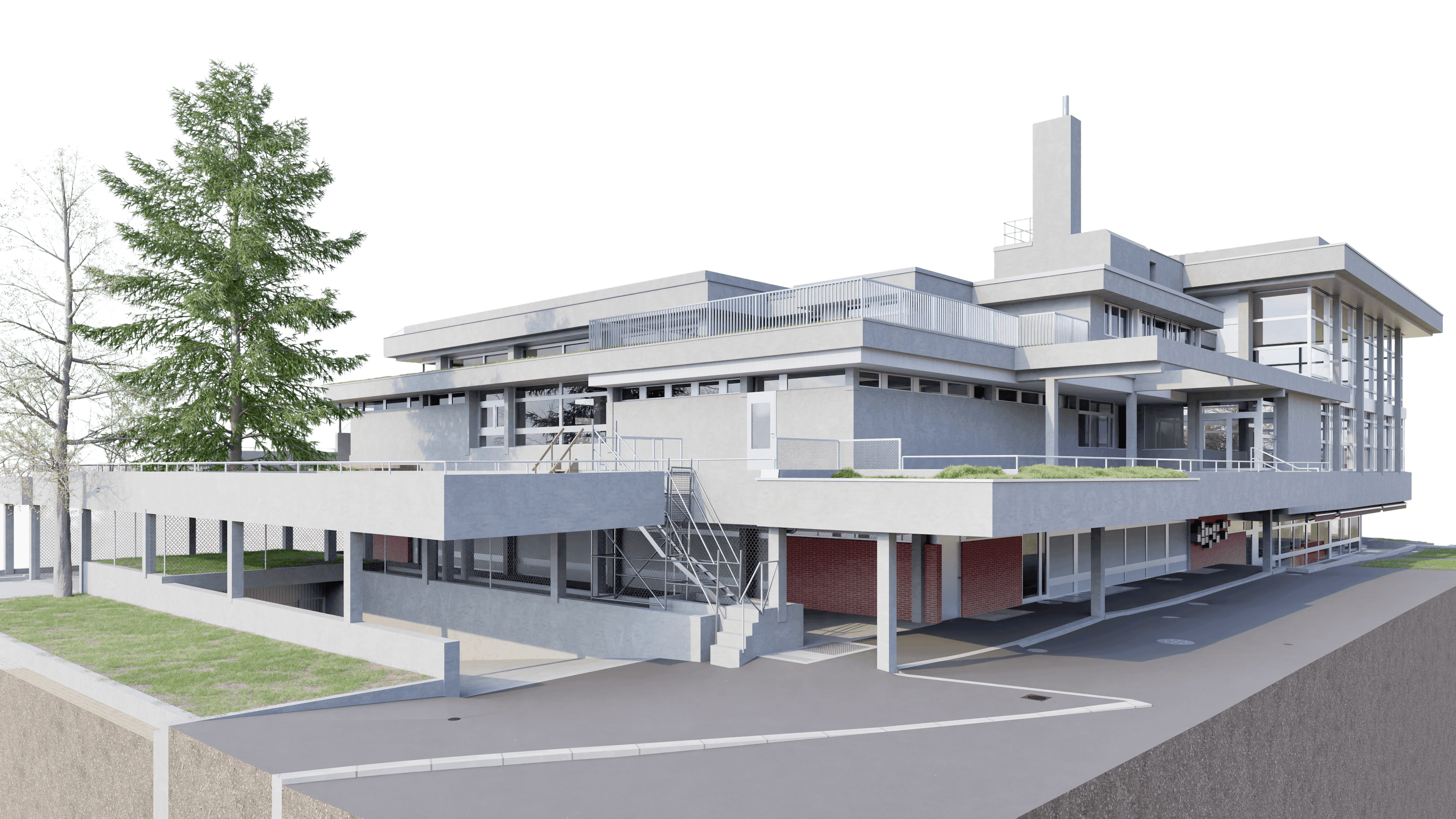 3D-Modell des ehemaligen Hallenbads Bireggstrasse 36 in Luzern, Aussenansicht von der Bireggstrasse