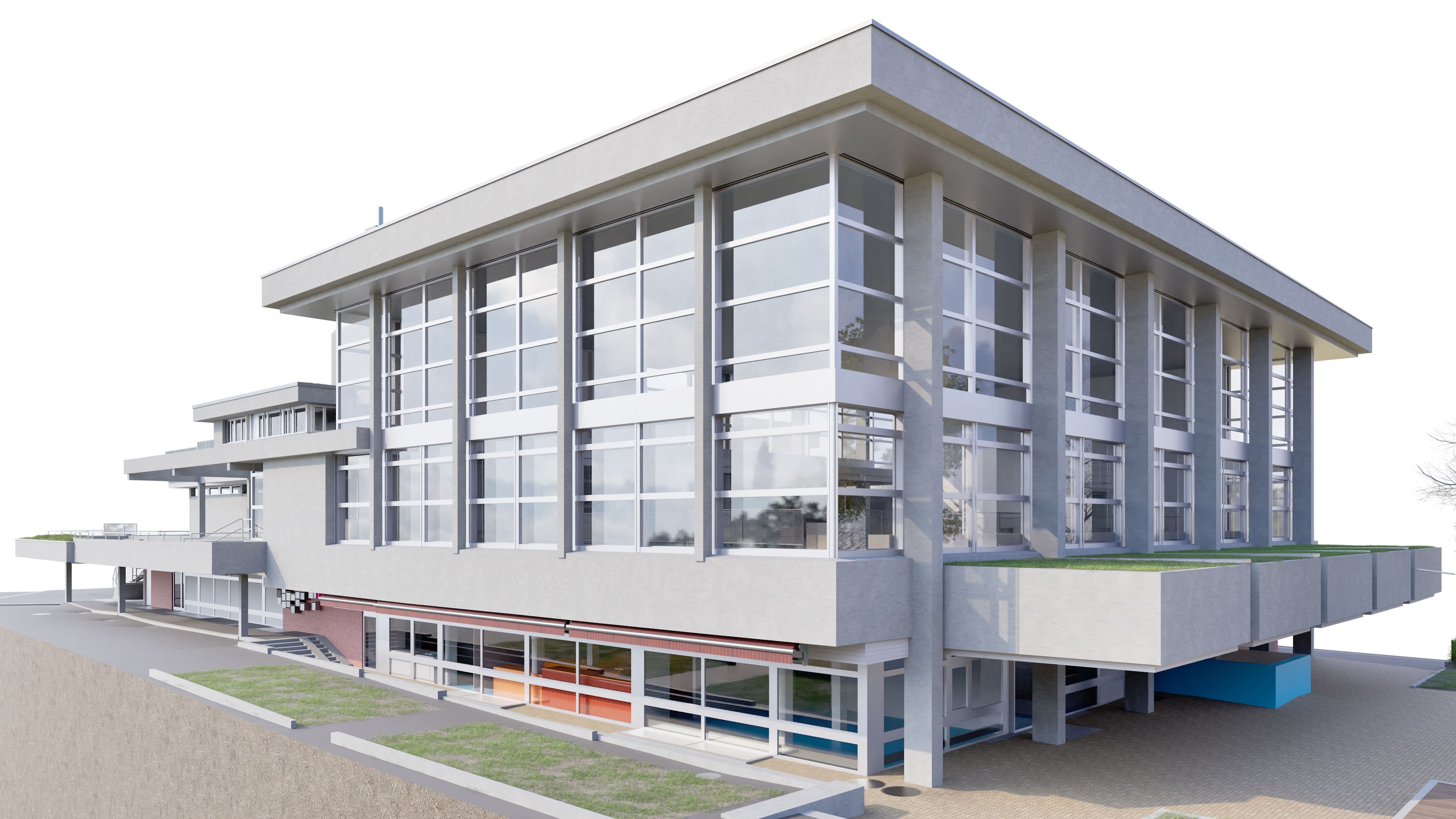 3D-Architekturvisualisierung eines modernen Bürogebäudes mit großen Glasfassaden, Flachdach, Säulen und umlaufenden Balkonen; Perspektivansicht mit Eingangsbereich und Grünstreifen.