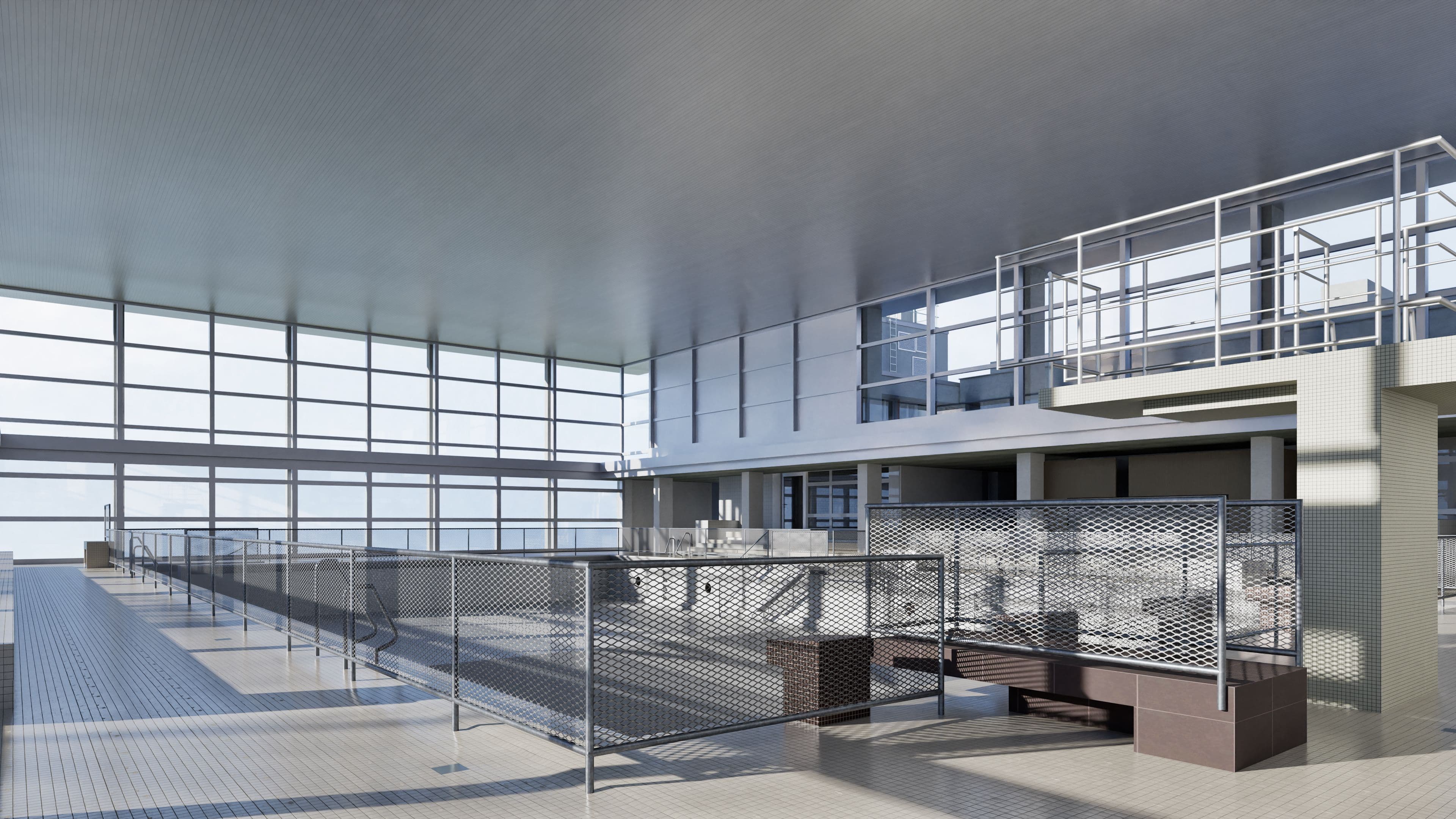 3D-Bestandsmodell der ehemaligen Schwimmhalle im Neubad Luzern, 600 m² grosses Hallenbecken mit Tribünenbereich