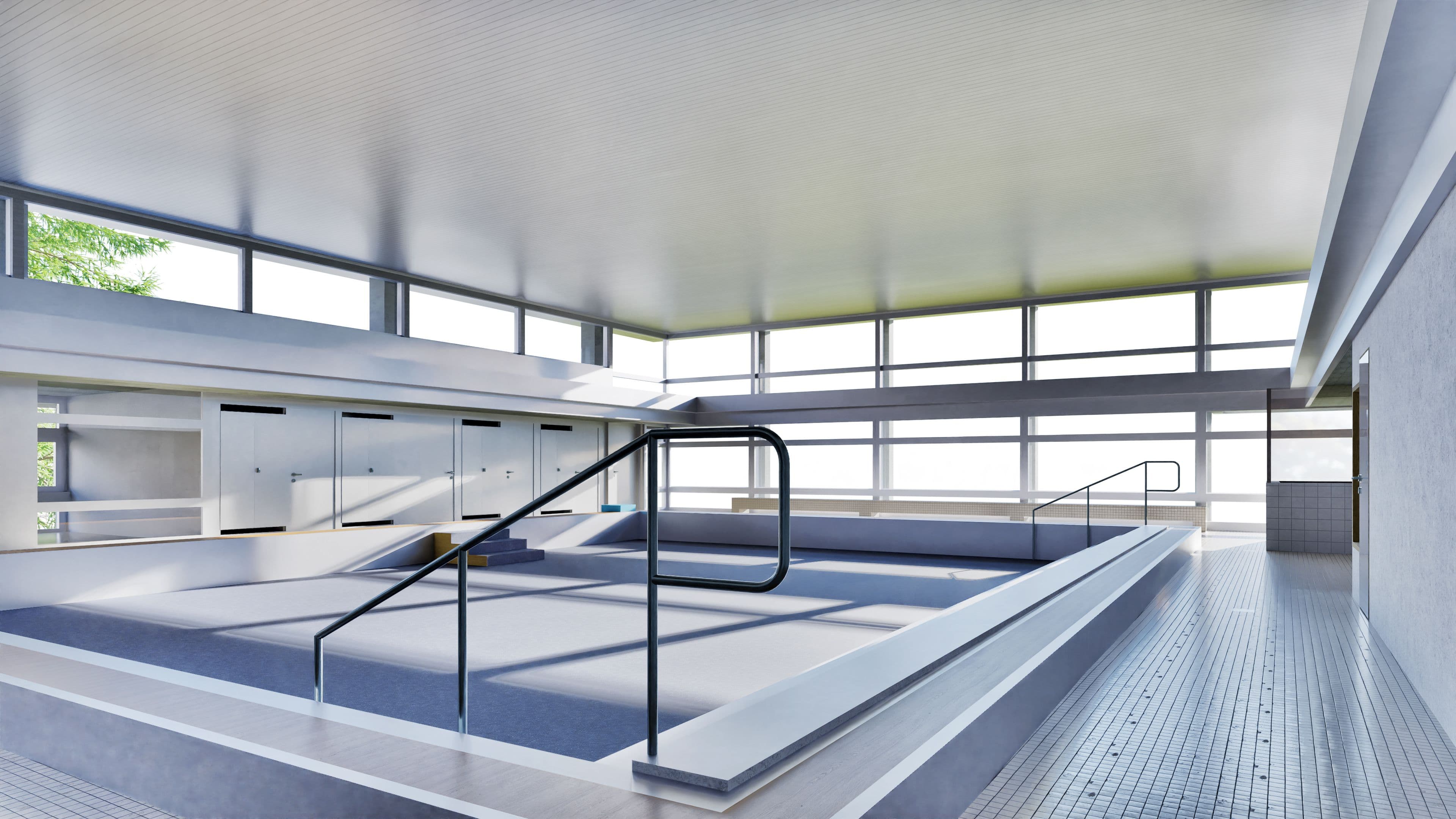 3D-Bestandsmodell der ehemaligen Schwimmhalle im Neubad Luzern, 600 m² grosses Hallenbecken mit Tribünenbereich