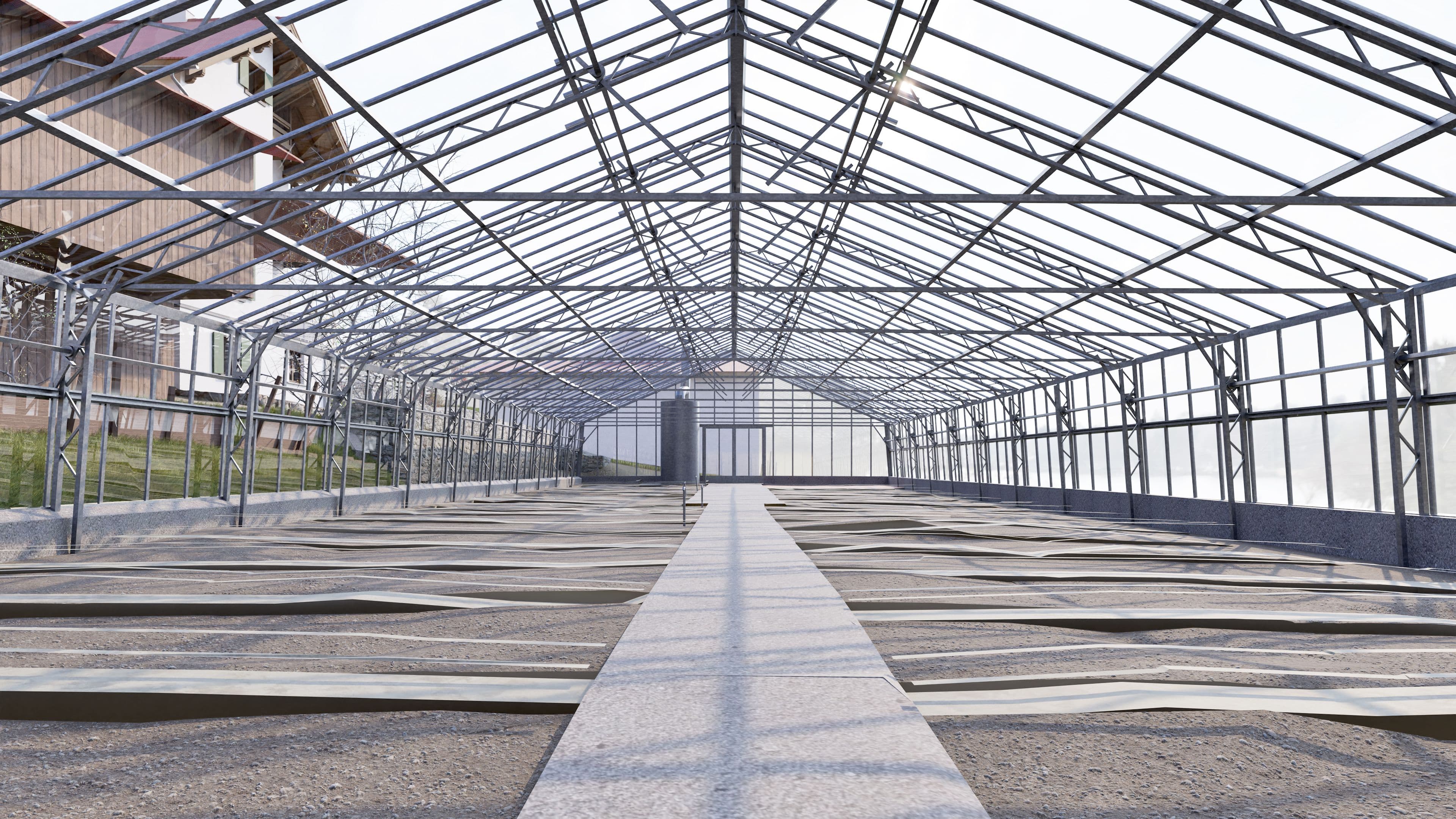 Innenansicht eines leeren Gewächshauses mit Metallgerüst, langem Mittelgang und Beeten auf beiden Seiten, Blick zur Eingangstür am Ende.