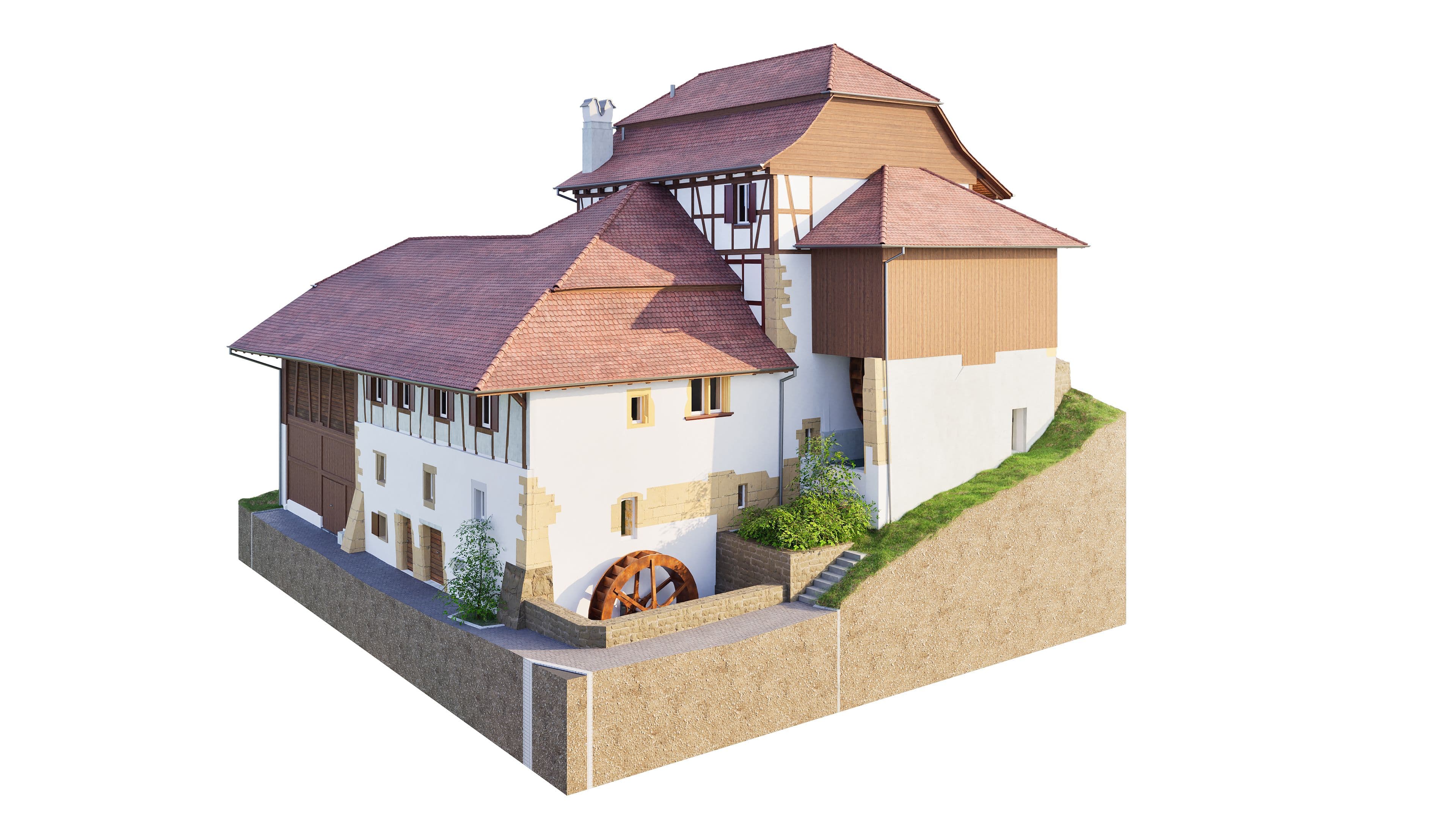 Historische Wassermühle mit Fachwerk und rotem Ziegeldach.