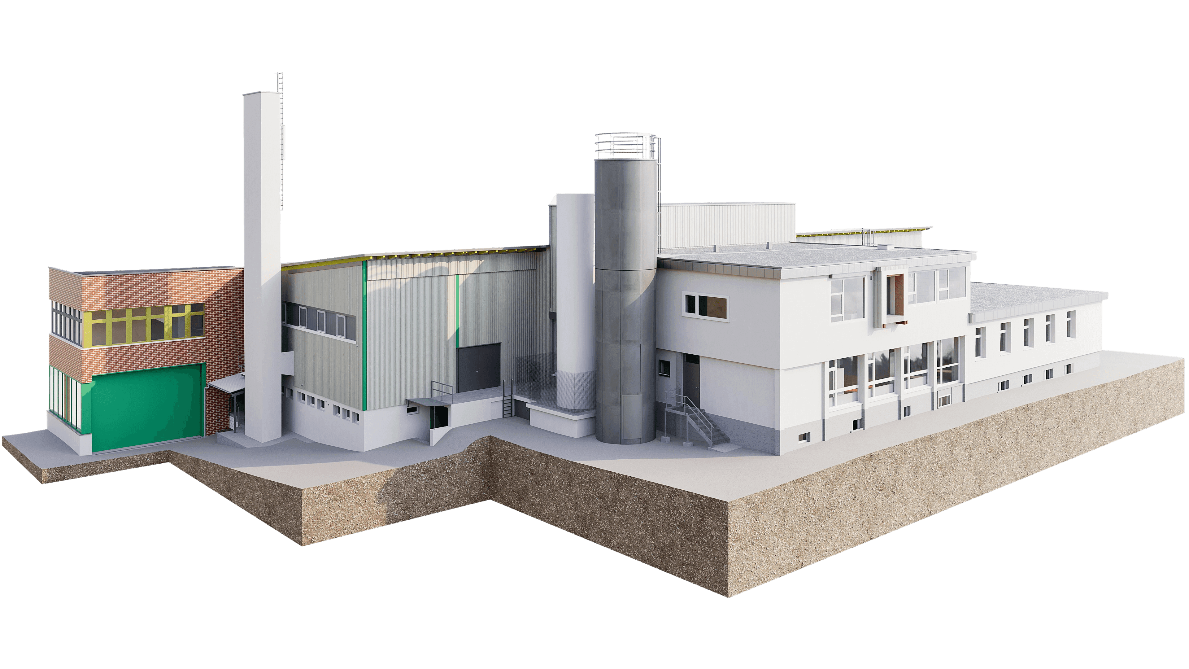 Eine industrielle Gebäudestruktur mit mehreren Etagen, Rohren und einem Silo auf einer Plattform.