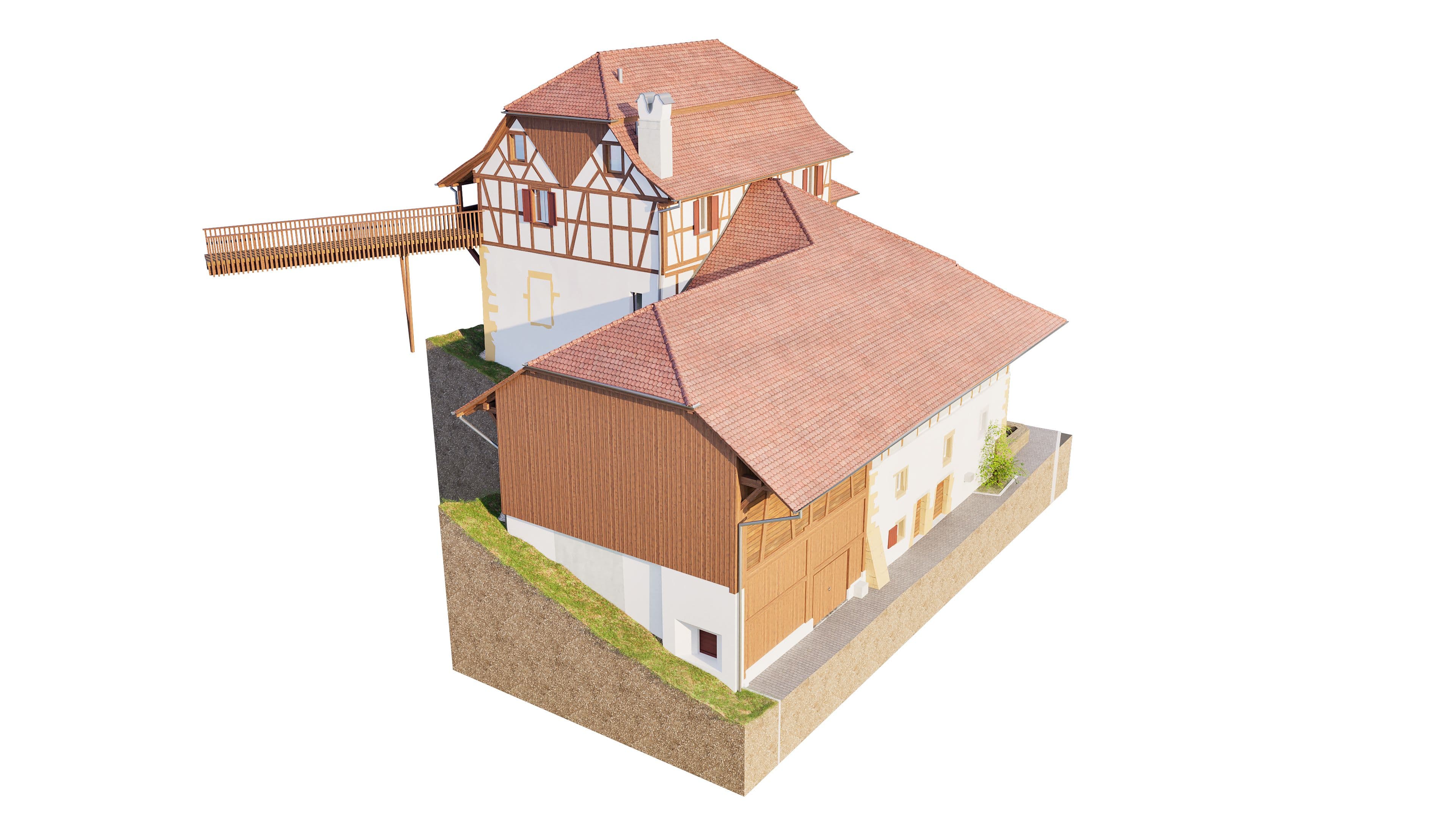 Fachwerkgebäude mit rotem Ziegeldach und Holzfassade auf erhöhtem Gelände.