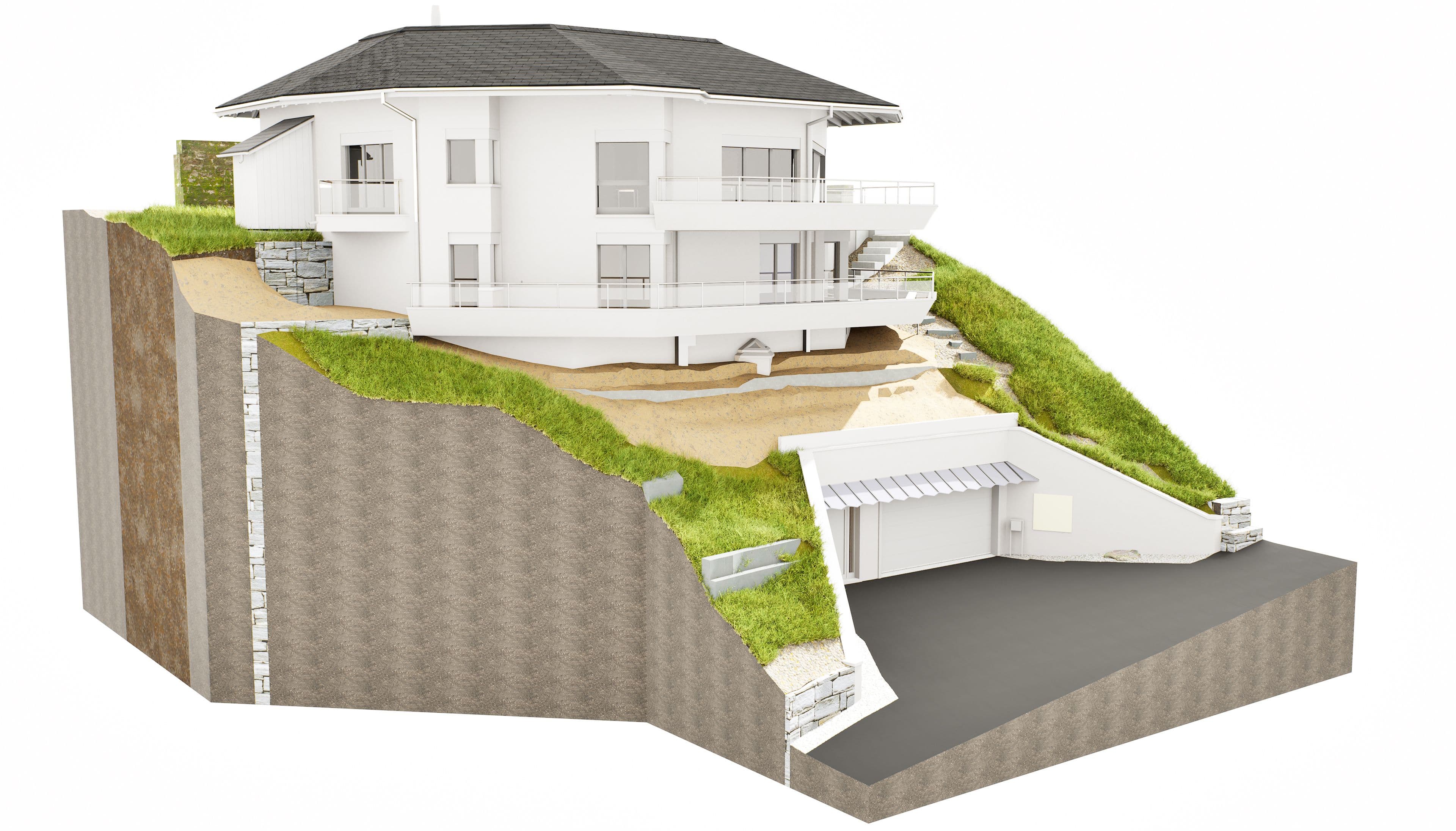 Einfamilienhaus im Querschnitt auf Hügel mit Garage und modernem Design. Ideal für Hanggrundstücke.