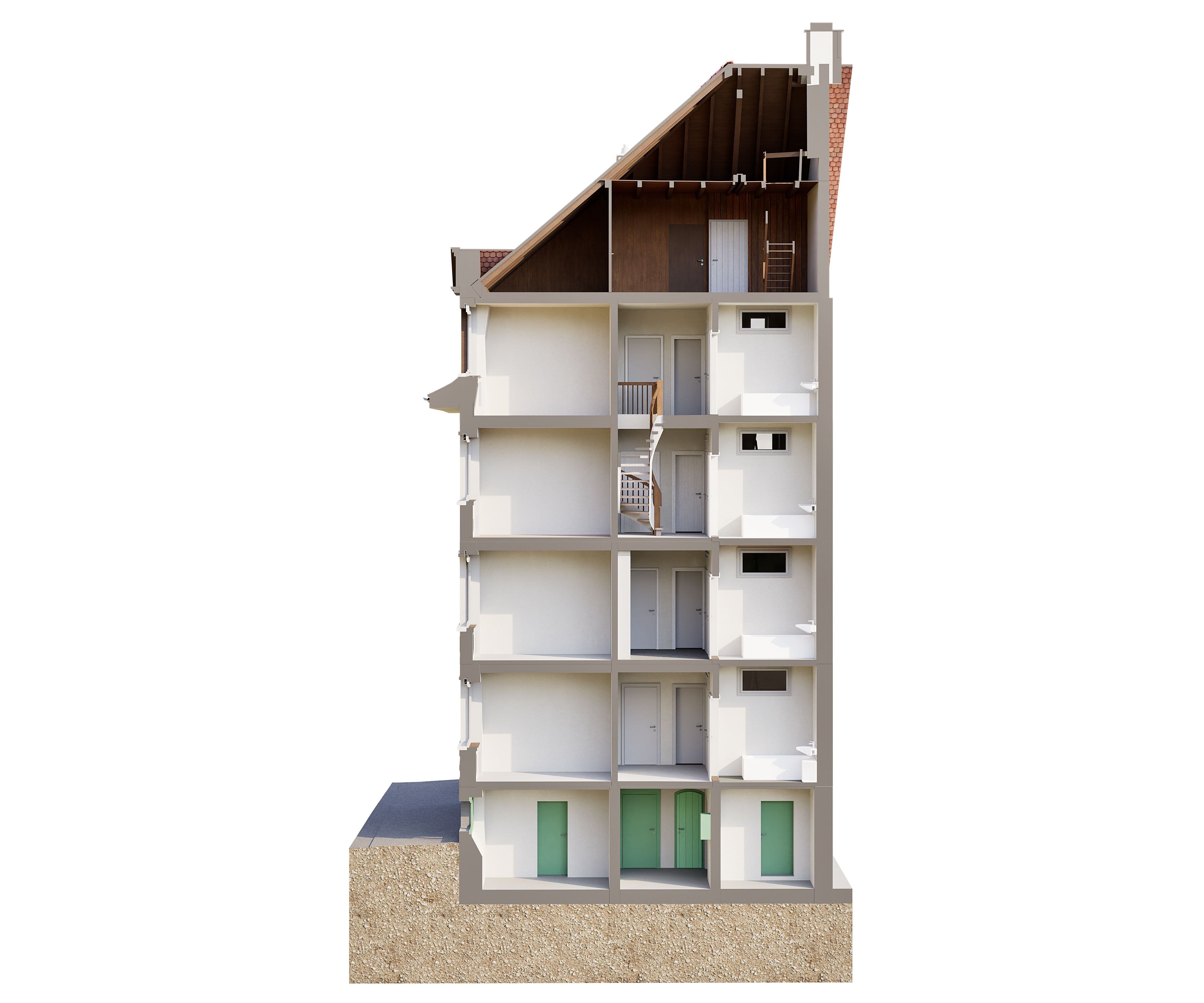 Ansicht eines Gebäudequerschnitts mit mehreren Etagen, Treppen und Dachboden.