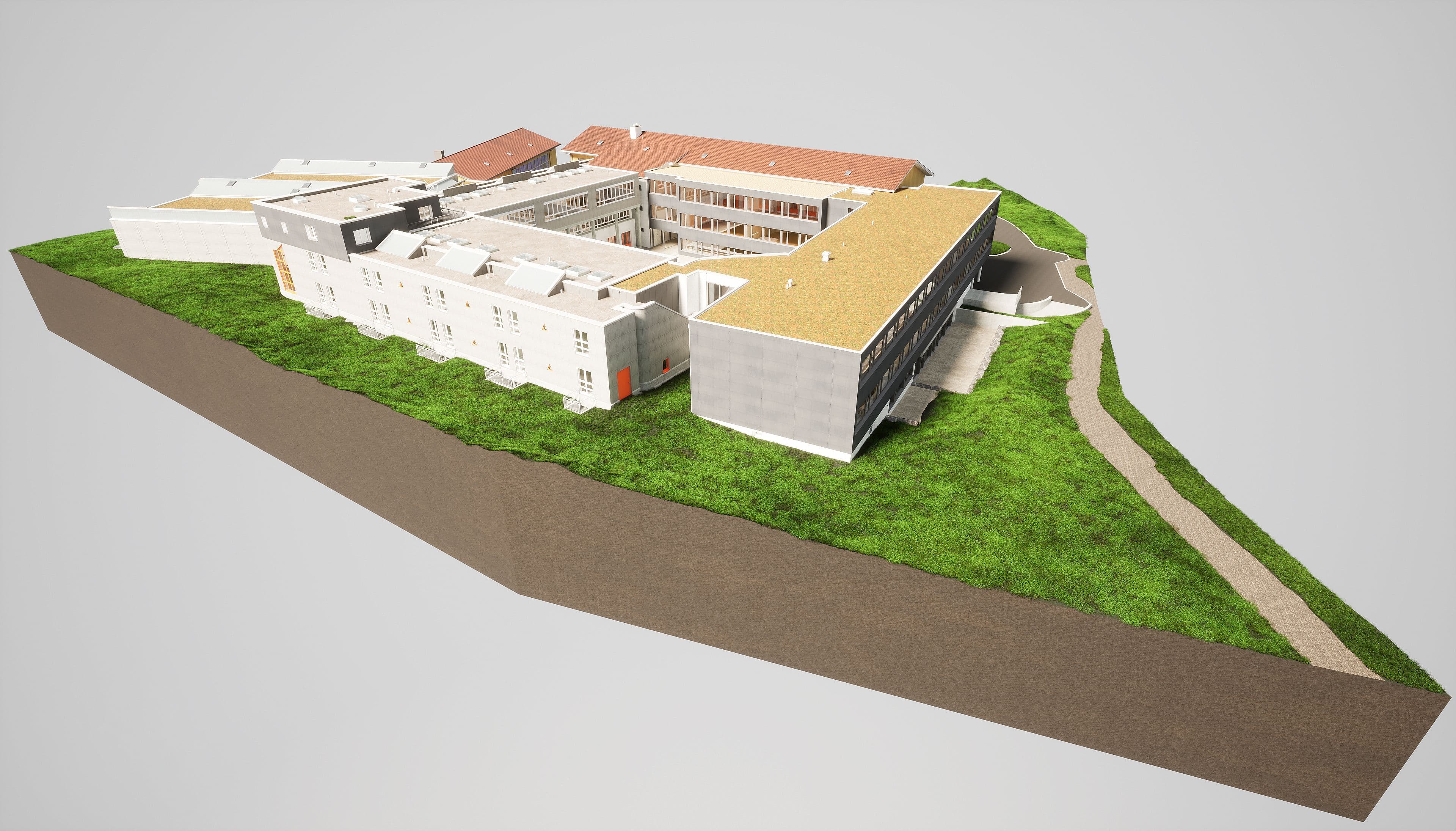 3D-Darstellung eines Gebäudekomplexes auf einem Hang mit begrünten Flächen und einem Weg.