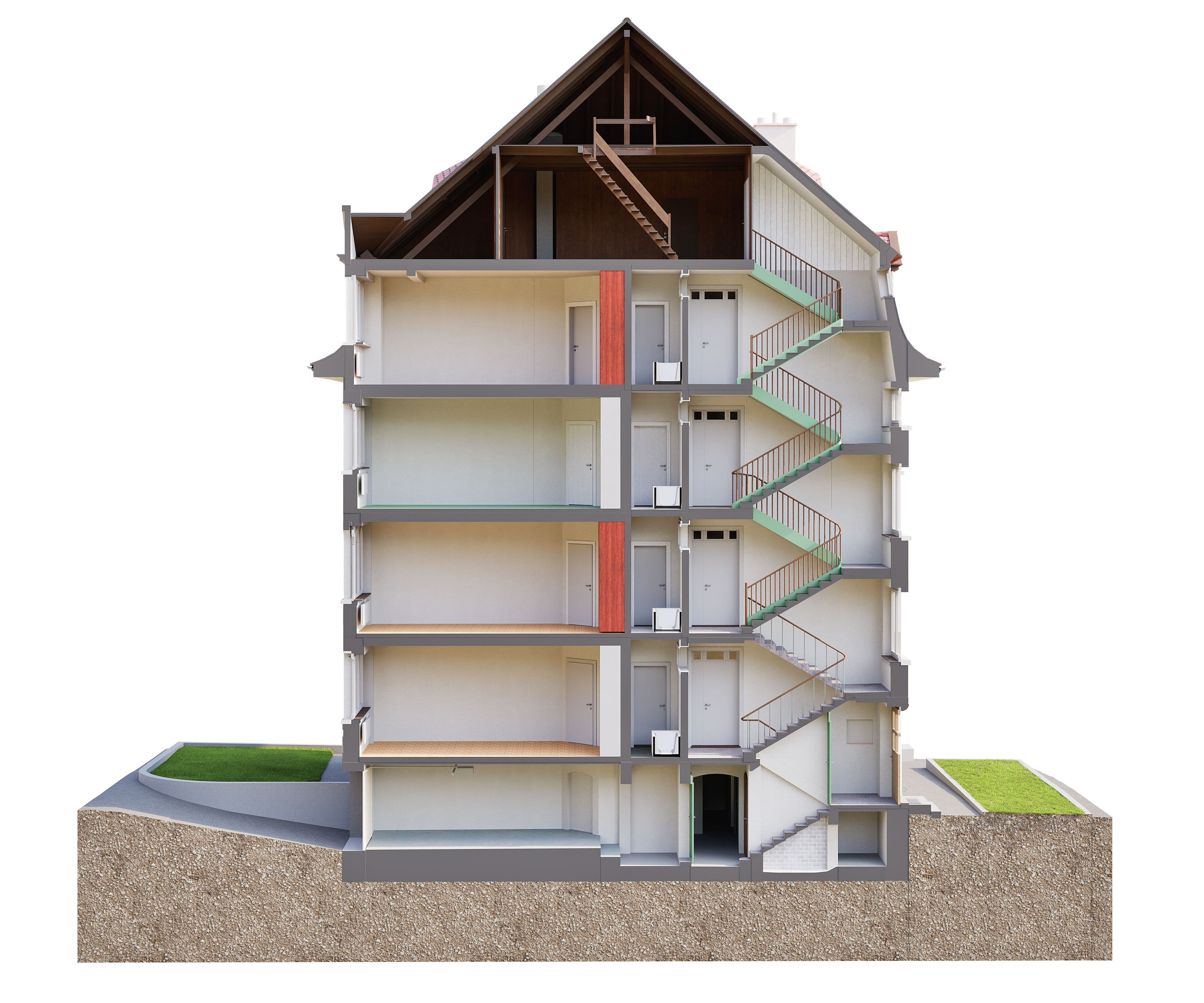 Mehrgeschossiger Wohnhaus-Querschnitt mit sichtbaren Innenräumen und Treppenhaus.