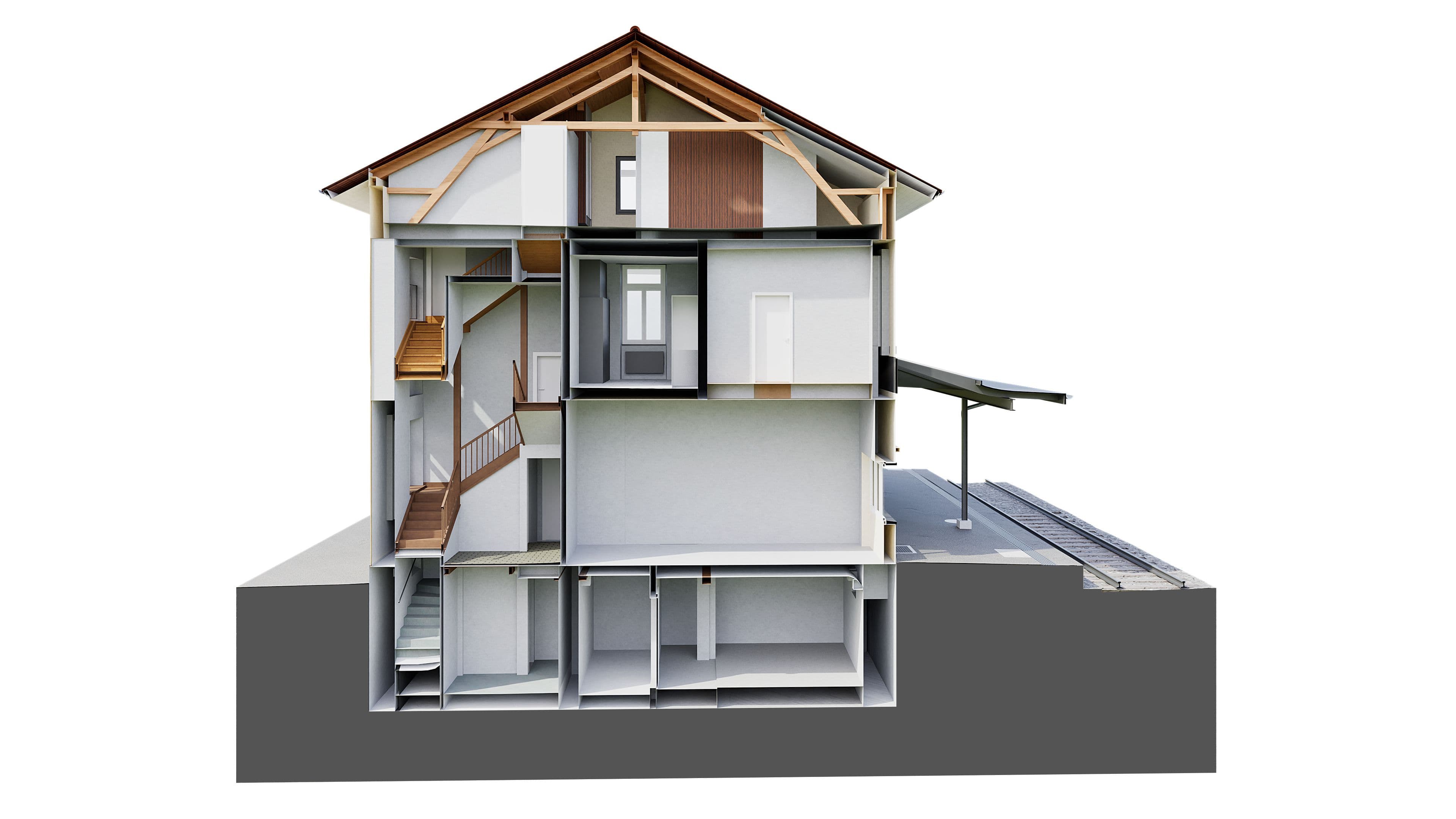 Querschnitt eines modernen dreistöckigen Hauses mit sichtbarer Innenstruktur und Holzelementen.