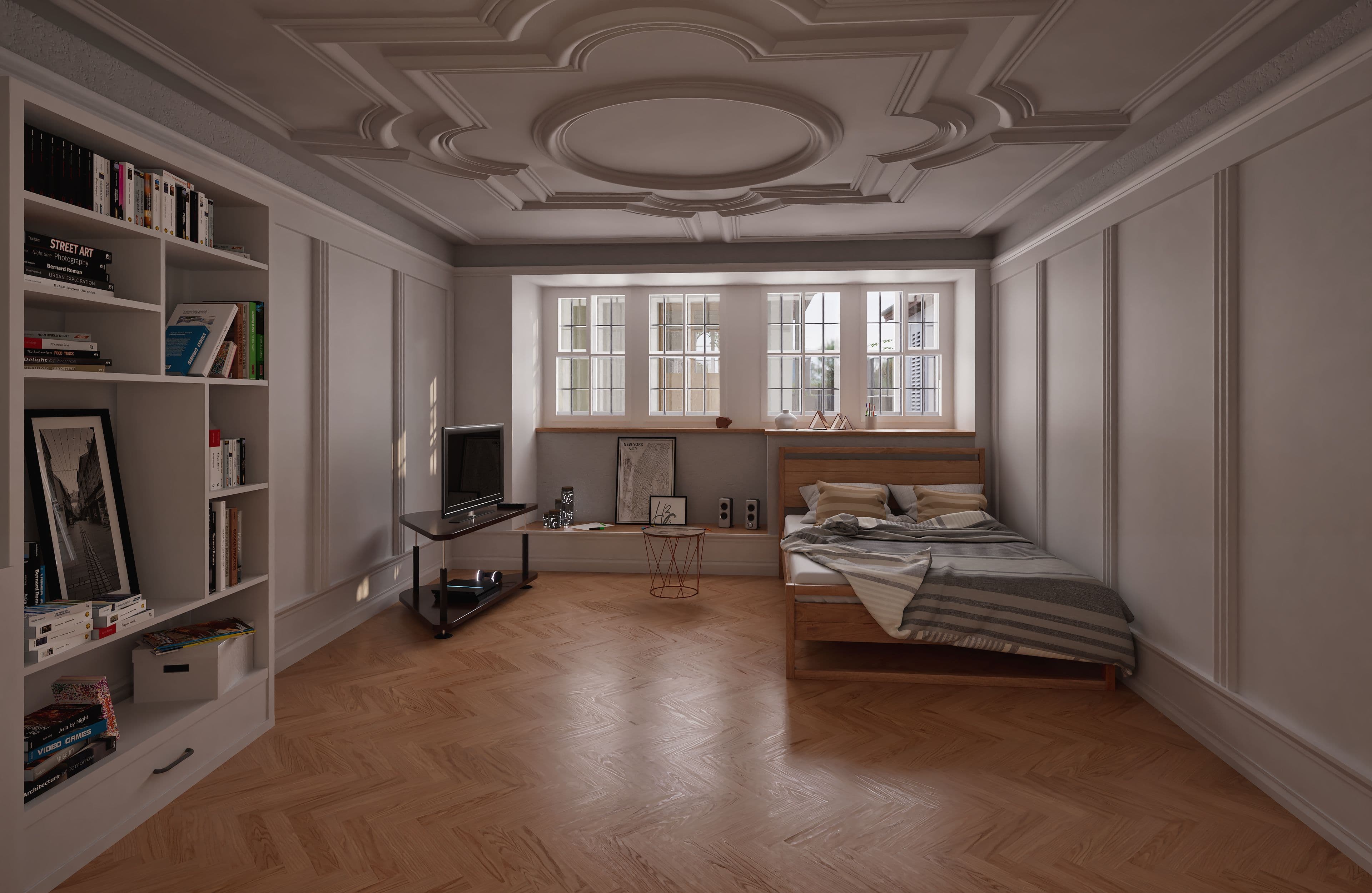 Elegantes Schlafzimmer mit Holzboden, einem Bett und einem Bücherregal, dekoriert mit neutralen Farben und klassischem Stuck an der Decke.