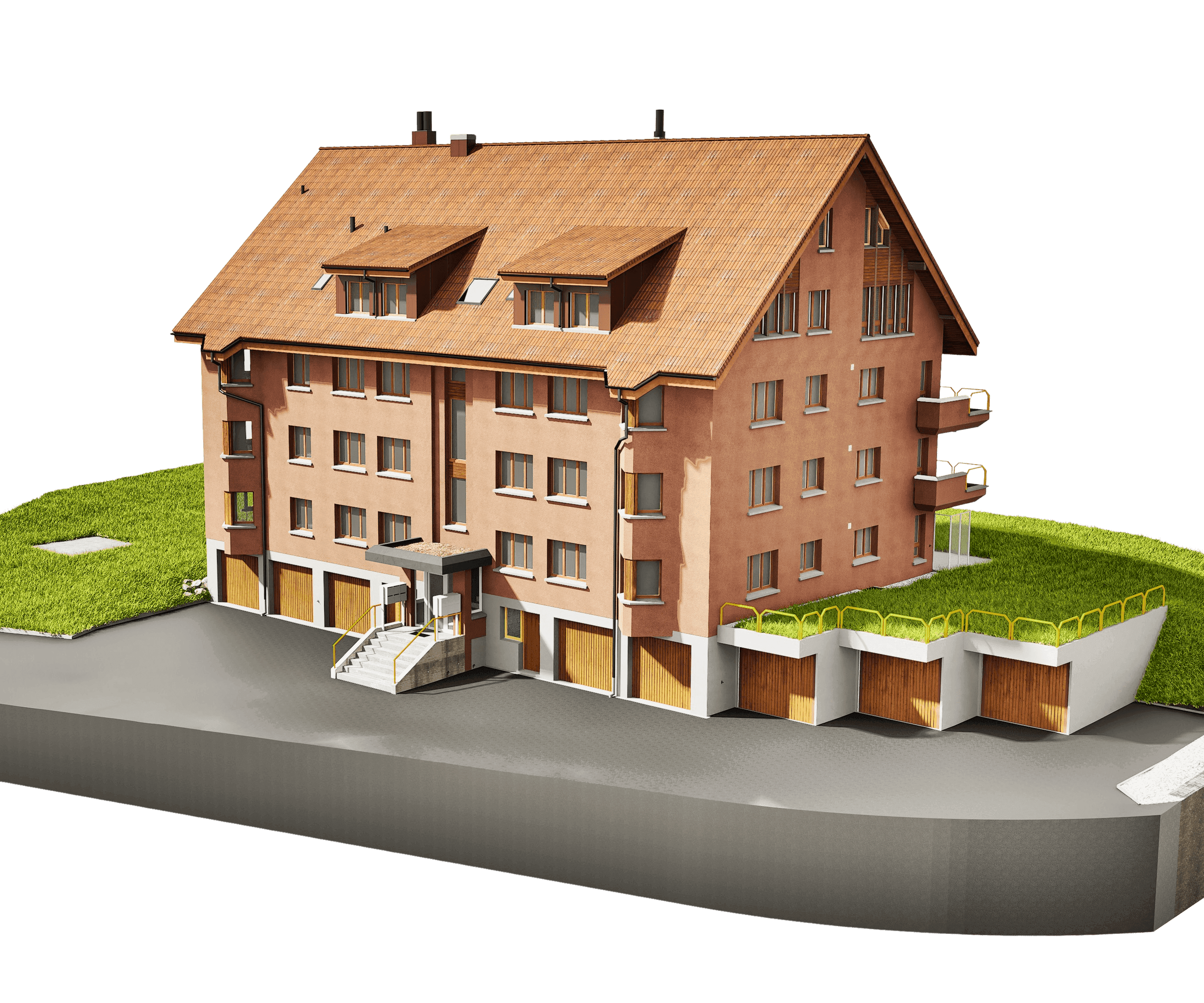 Mehrfamilienhaus mit braunem Dach, moderner Fassade, grünen Flächen und integriertem Garagenkomplex.