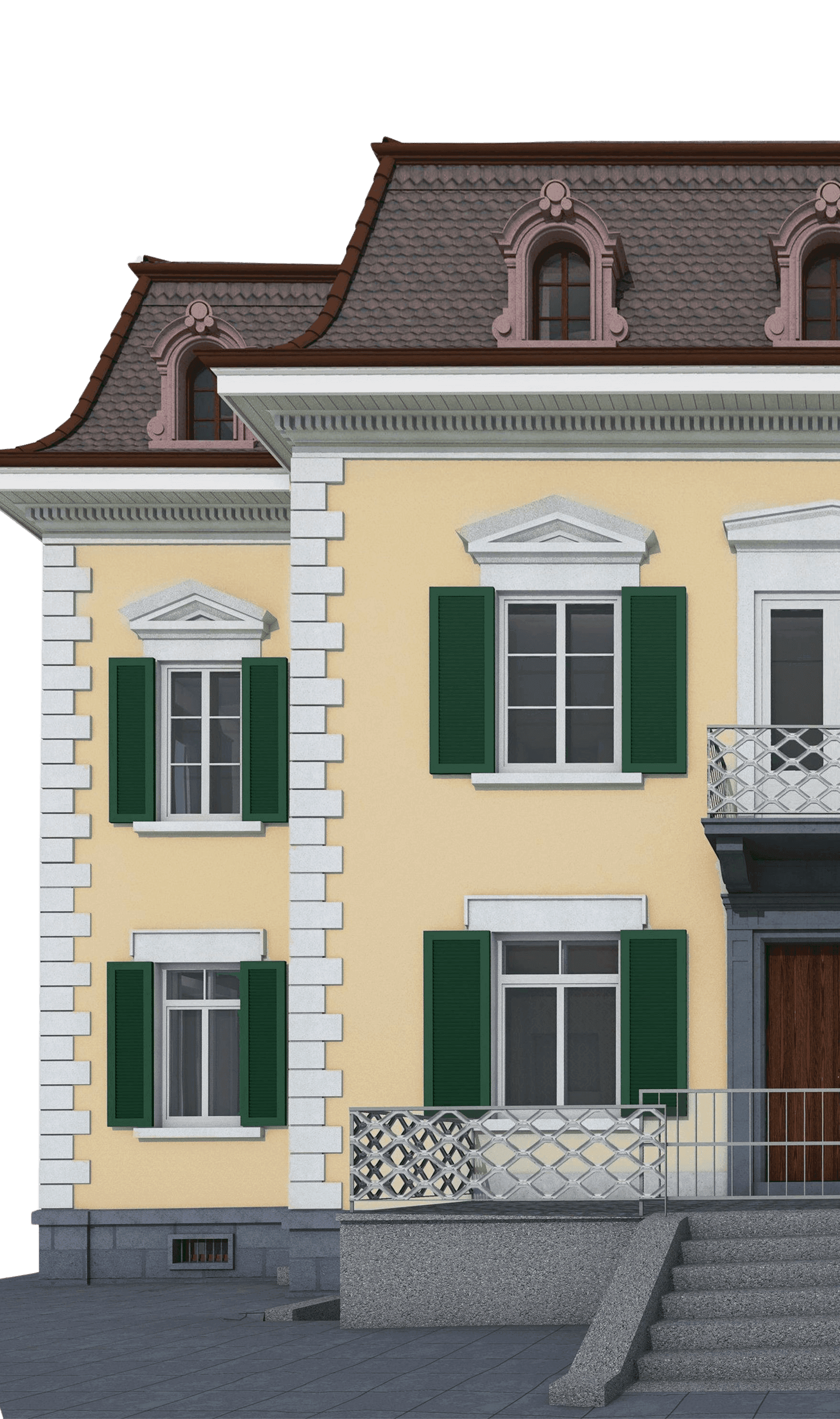 Ein elegantes, gelbes Gebäude mit grünen Fensterläden und einer Treppe im Vordergrund. Ideal für SEO und Barrierefreiheit.