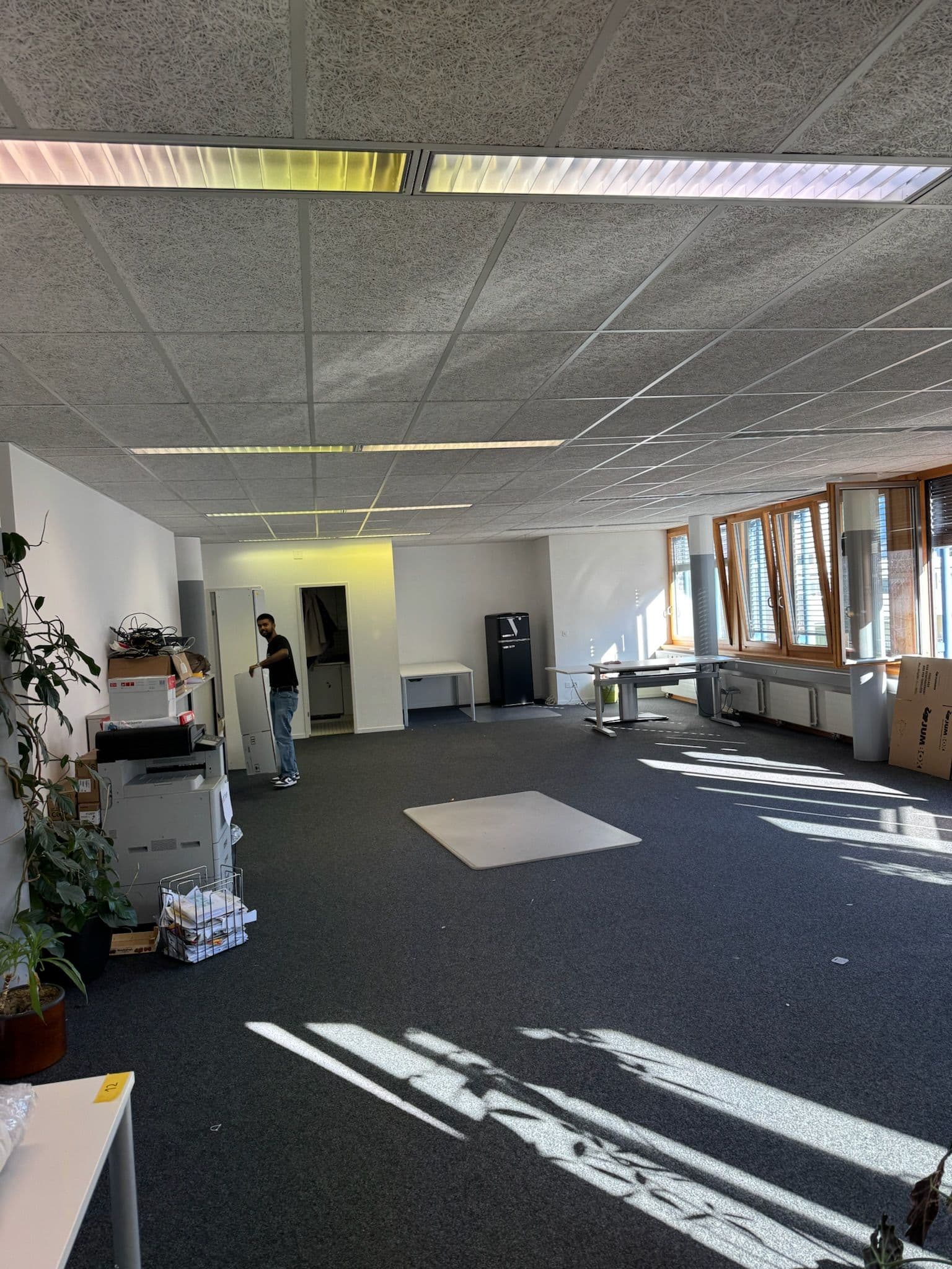 Großraumbüro mit blauem Teppichboden, leeren Tischen, und Pflanzen am Rand. Fenster auf der rechten Seite lassen Licht herein, Person steht im Hintergrund.